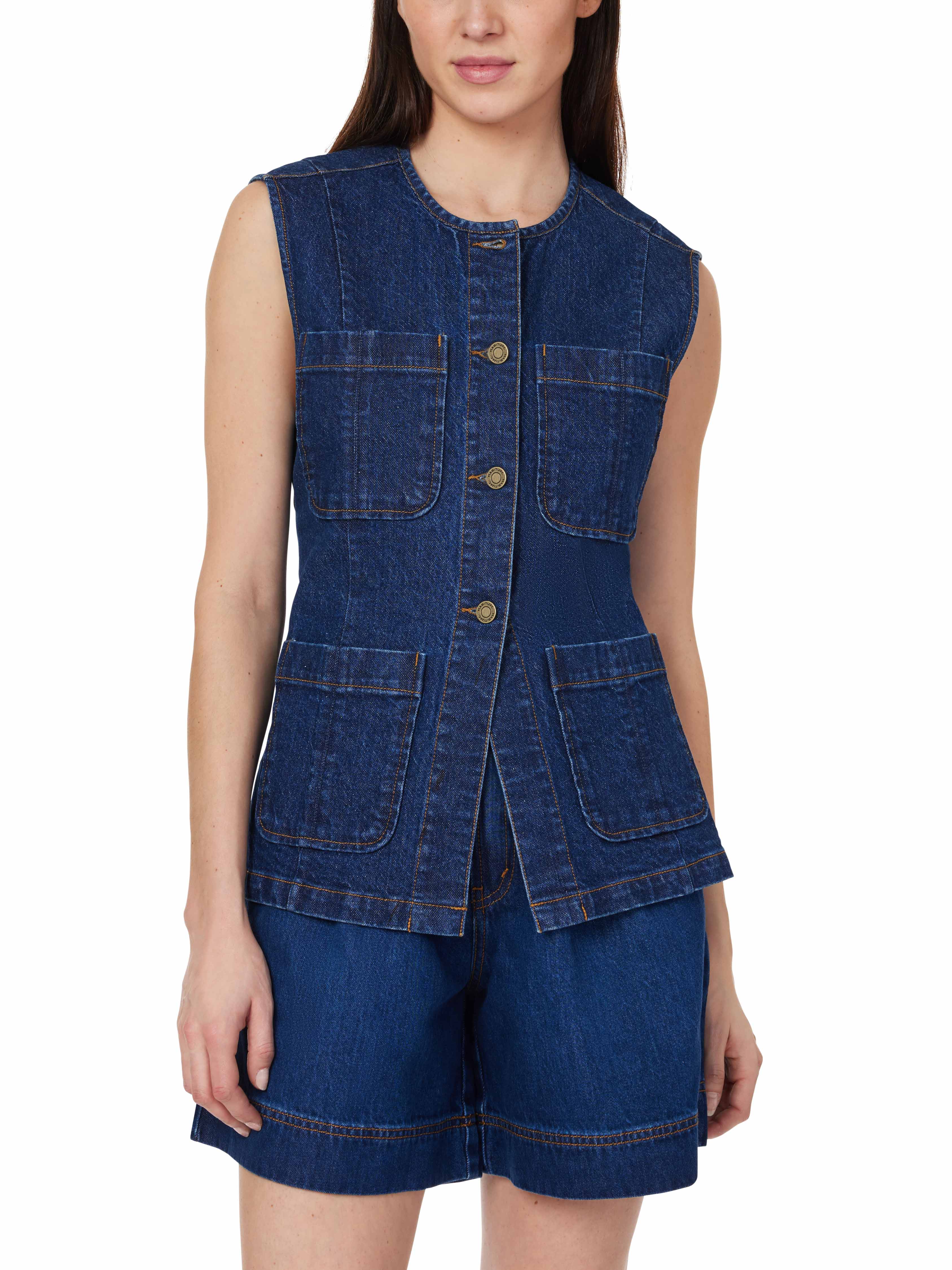 Collarless Belted Vest