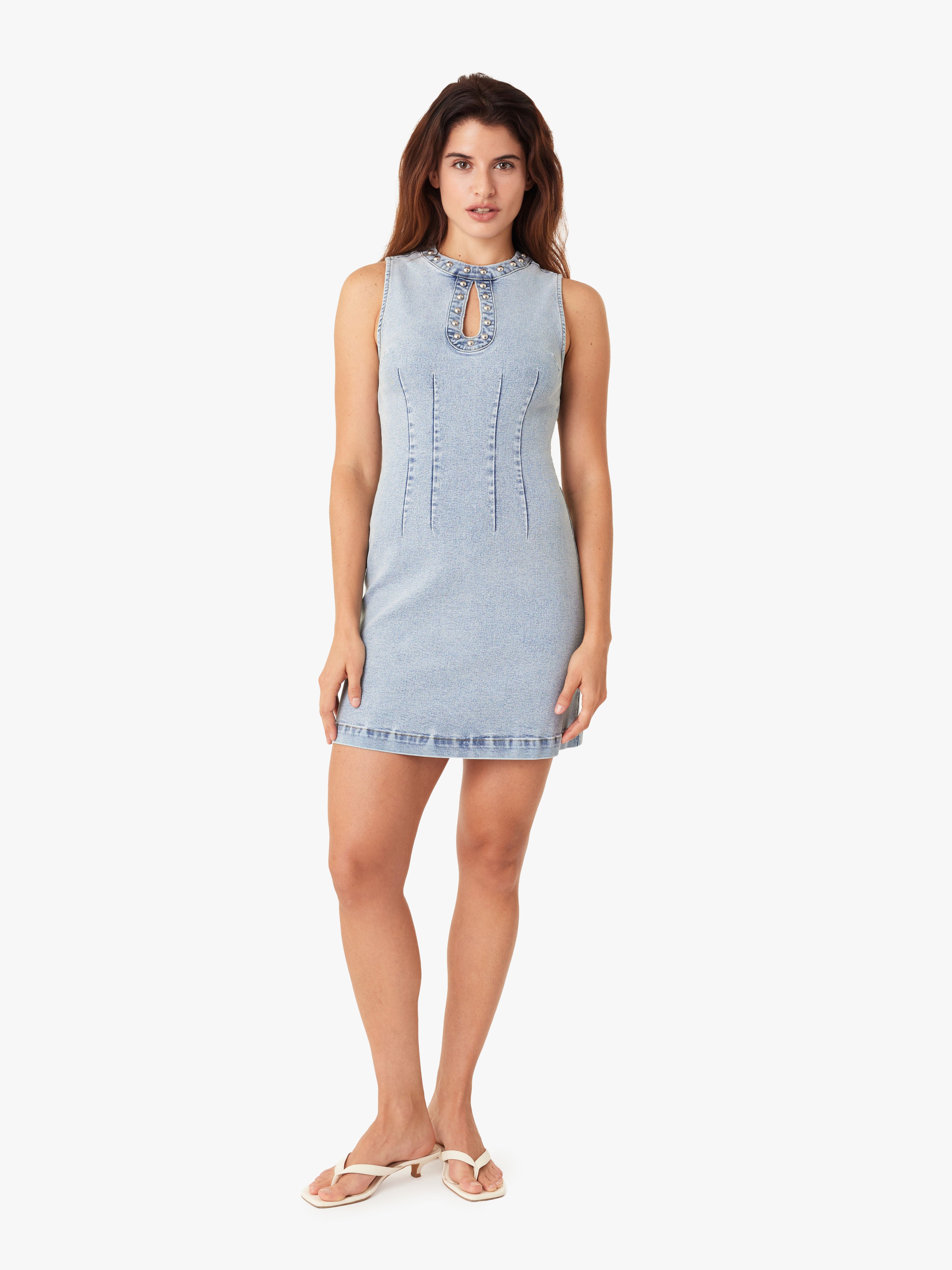 Habitual Studded Seamed Denim Minidress in Aire at Nordstrom, Size Small
