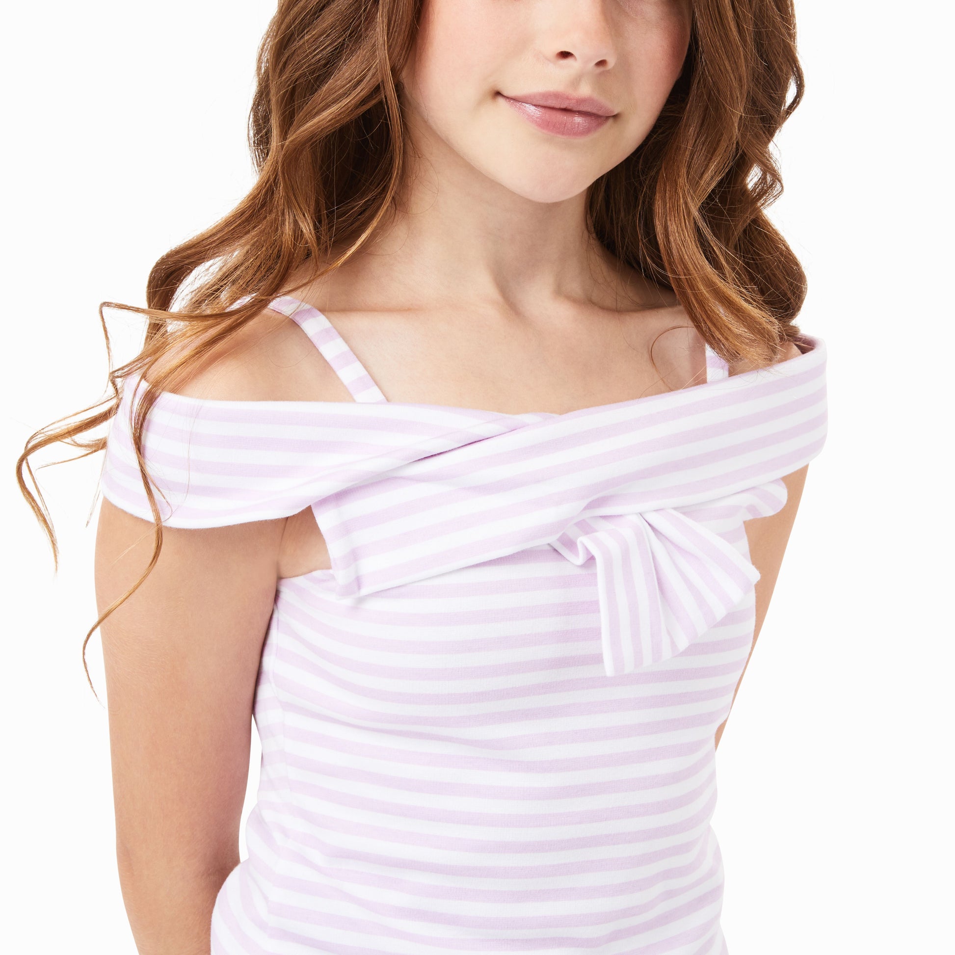 Close up of front-twist of lavender and white-striped top with thin shoulder straps.