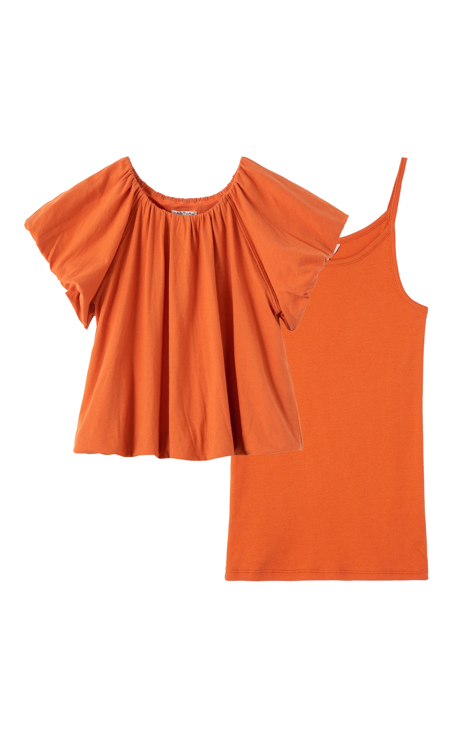Front view of an orange off the shoulder top and matching tank top 