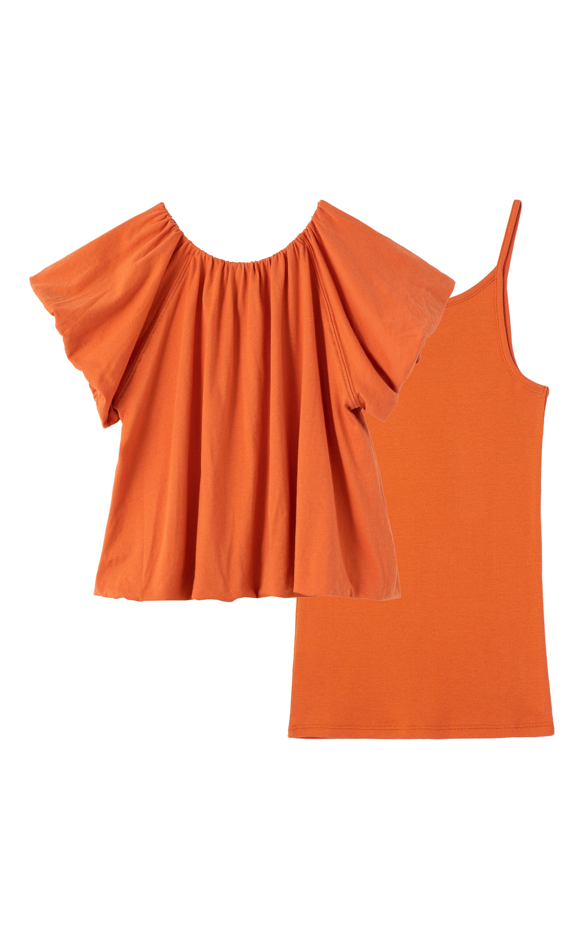 Back  view of an orange off the shoulder top and matching tank top 
