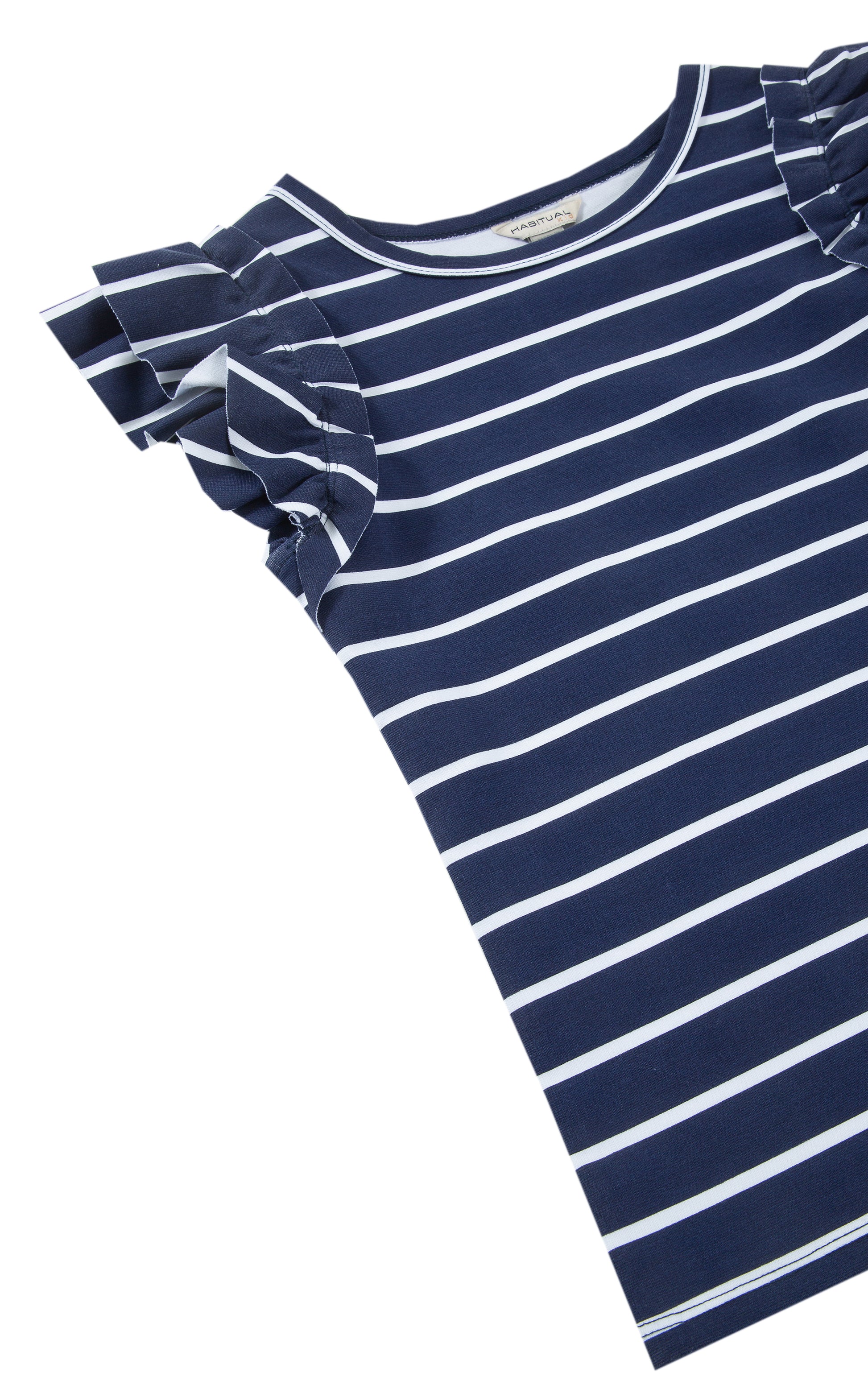 CLOSE UP OF DARK BLUE AND WHITE STRIPED RUFFLE CAP-SLEEVE T-SHIRT