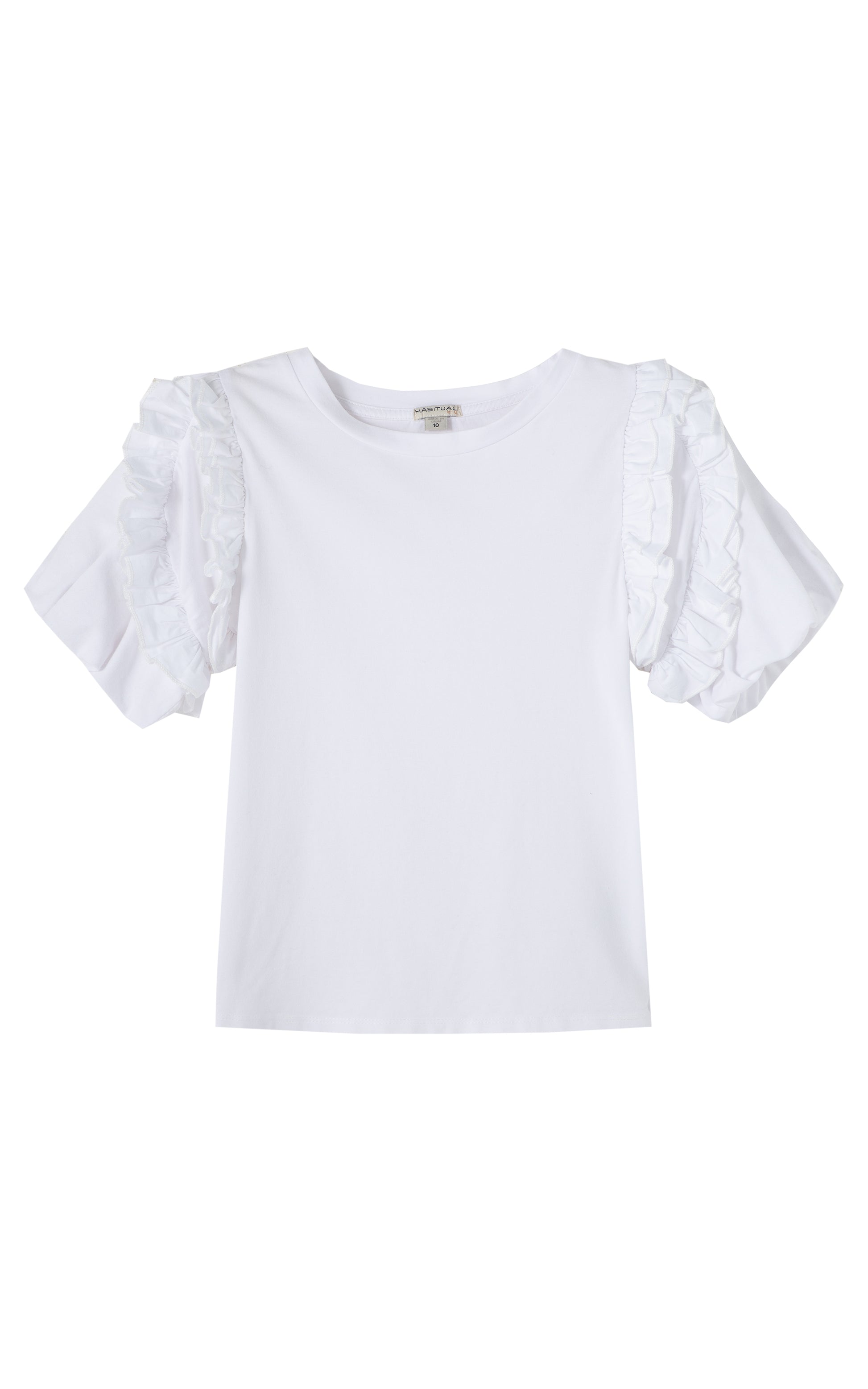 WHITE T-SHIRT WITH PLEATED RUFFLED SLEEVES