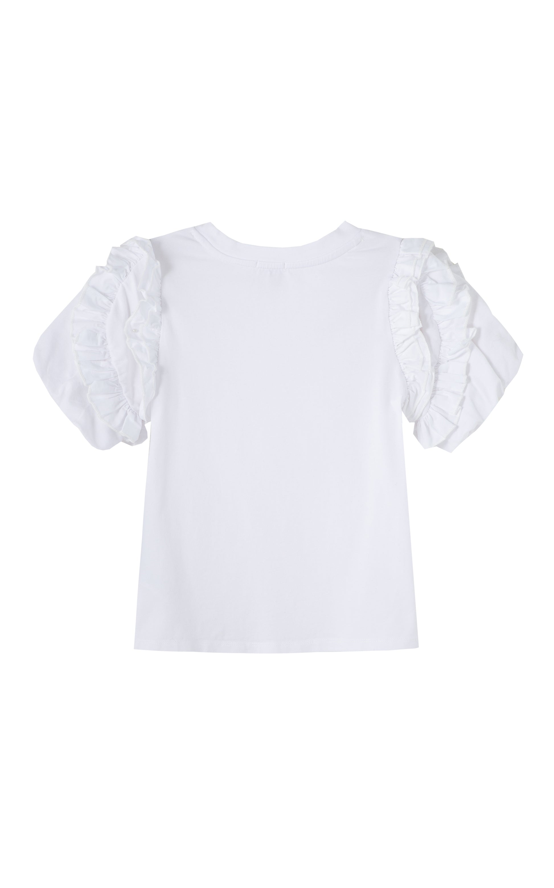 BACK OF WHITE T-SHIRT WITH PLEATED RUFFLED SLEEVES