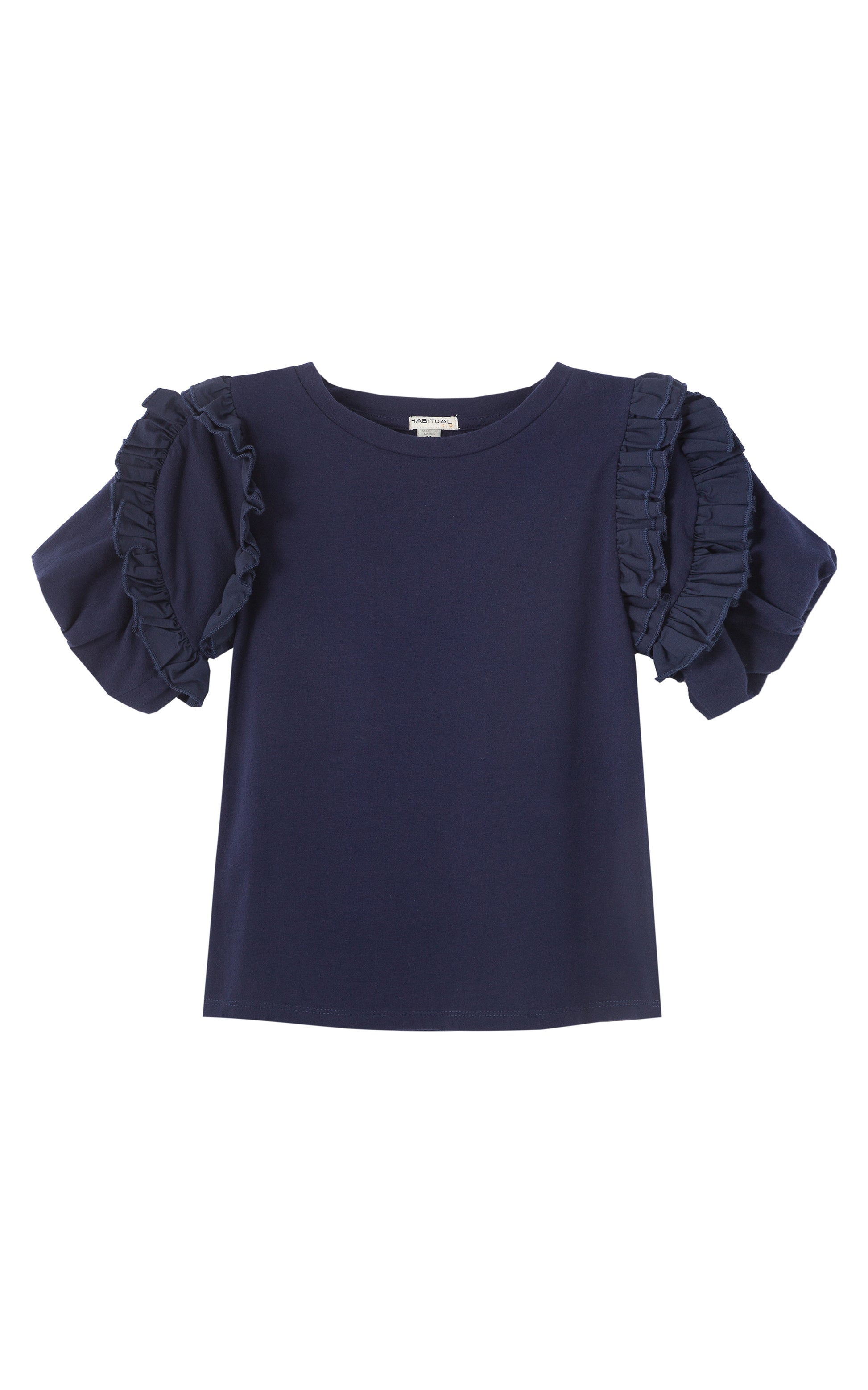 DARK BLUE T-SHIRT WITH PLEATED RUFFLED SLEEVES