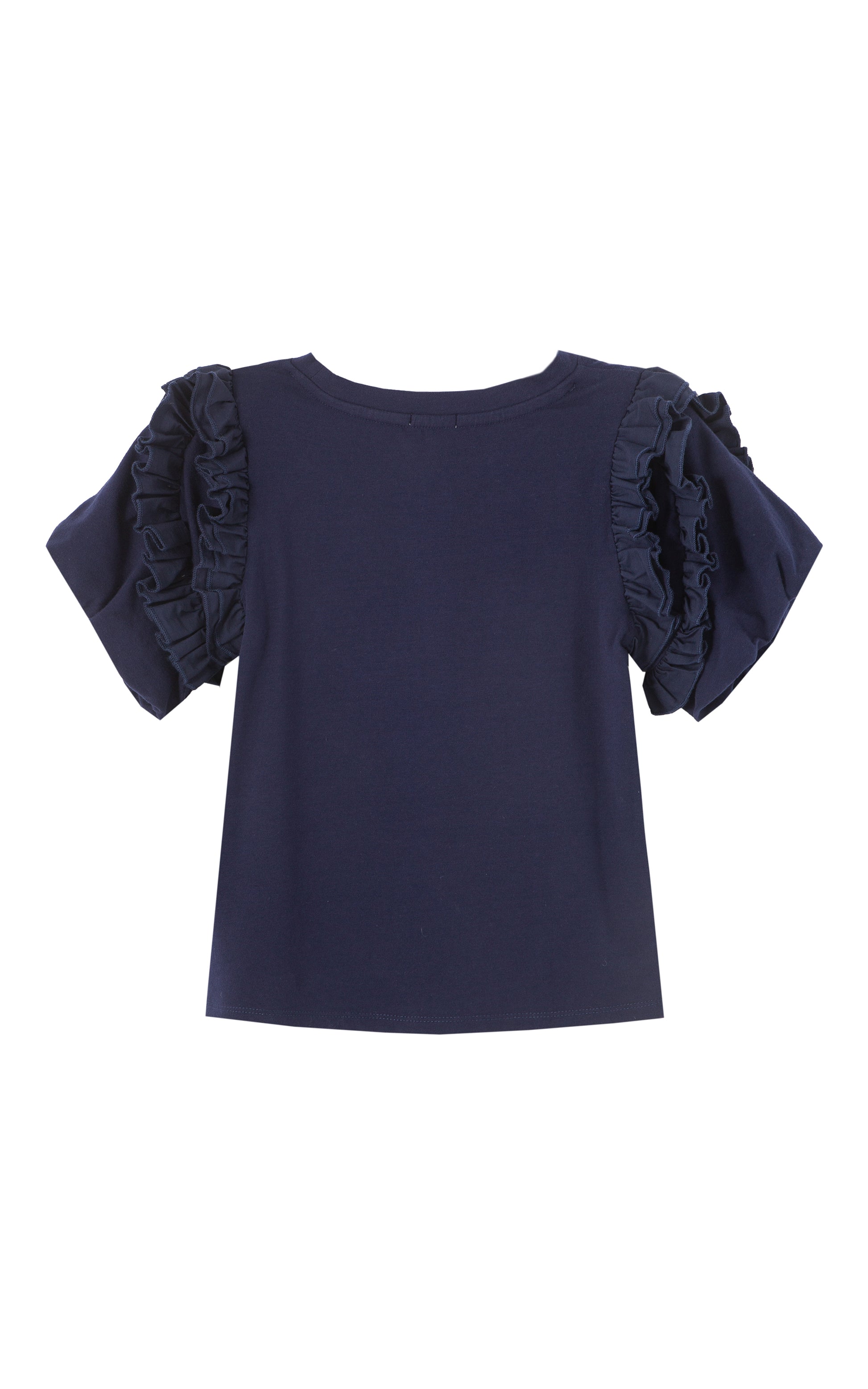 BACK OF DARK BLUE T-SHIRT WITH PLEATED RUFFLED SLEEVES