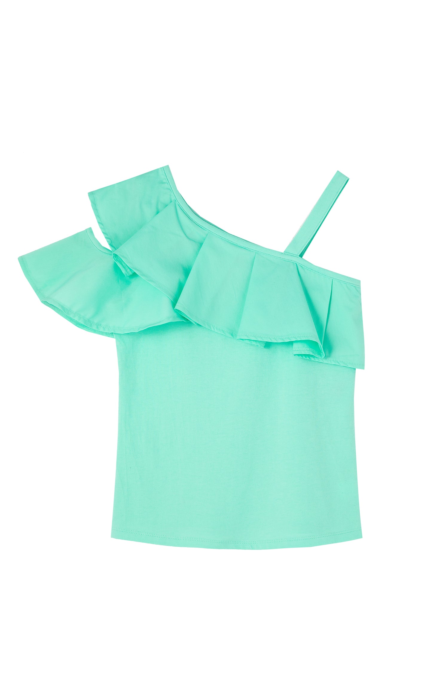 PALE GREEN ASYMMETRICAL OFF THE SHOULDER RUFFLE TOP