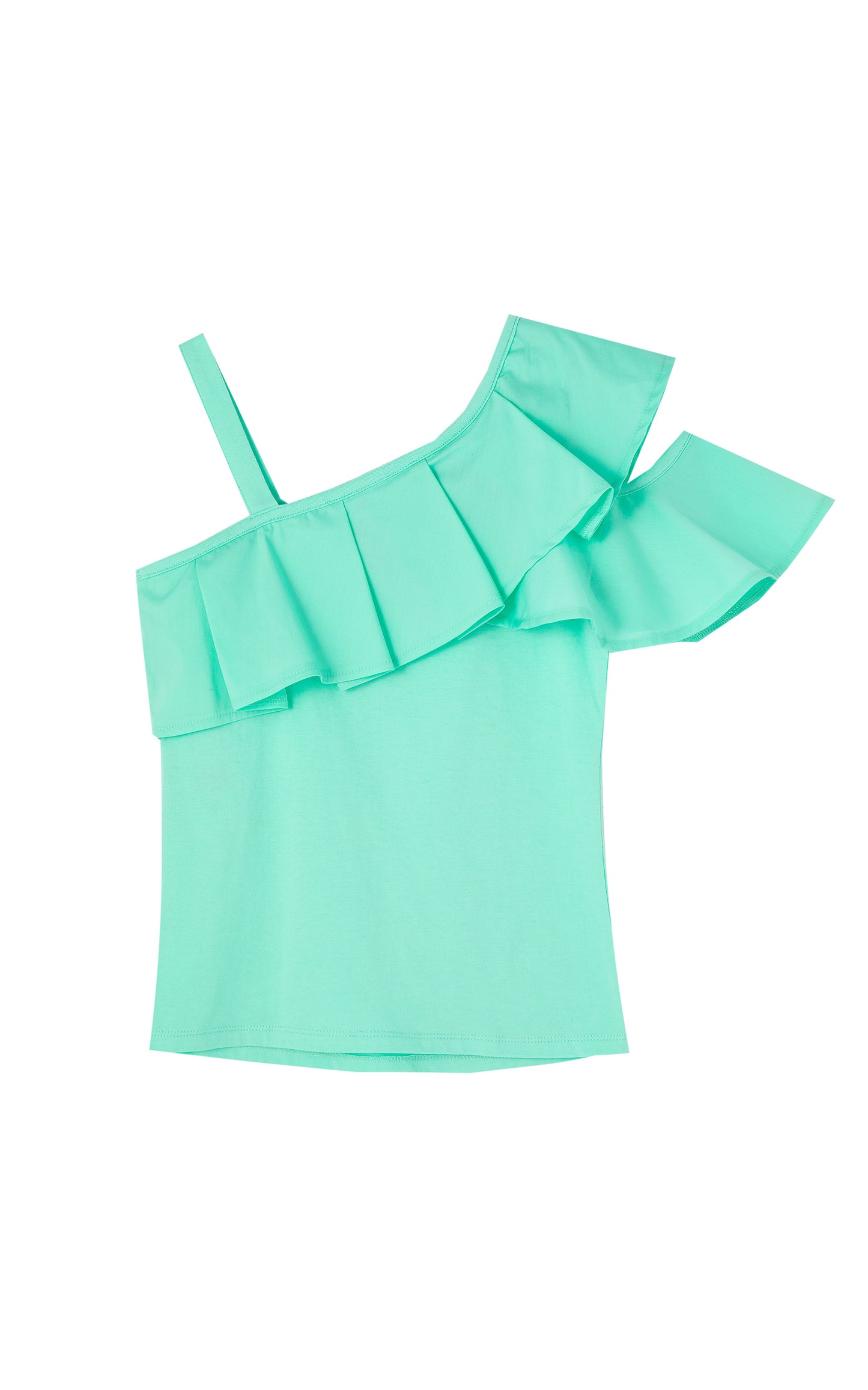 BACK OF PALE GREEN ASYMMETRICAL OFF THE SHOULDER RUFFLE TOP
