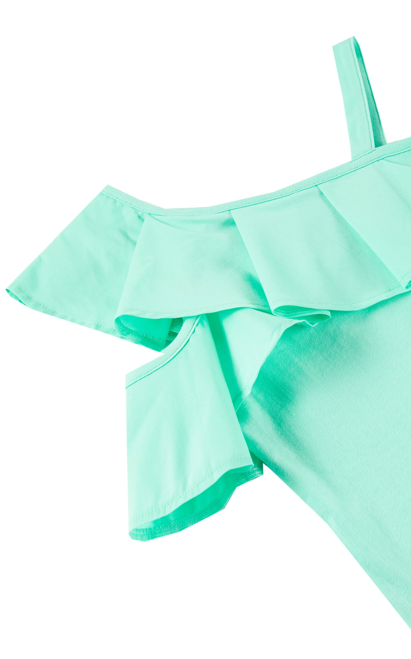 CLOSE UP OF PALE GREEN ASYMMETRICAL OFF THE SHOULDER RUFFLE TOP