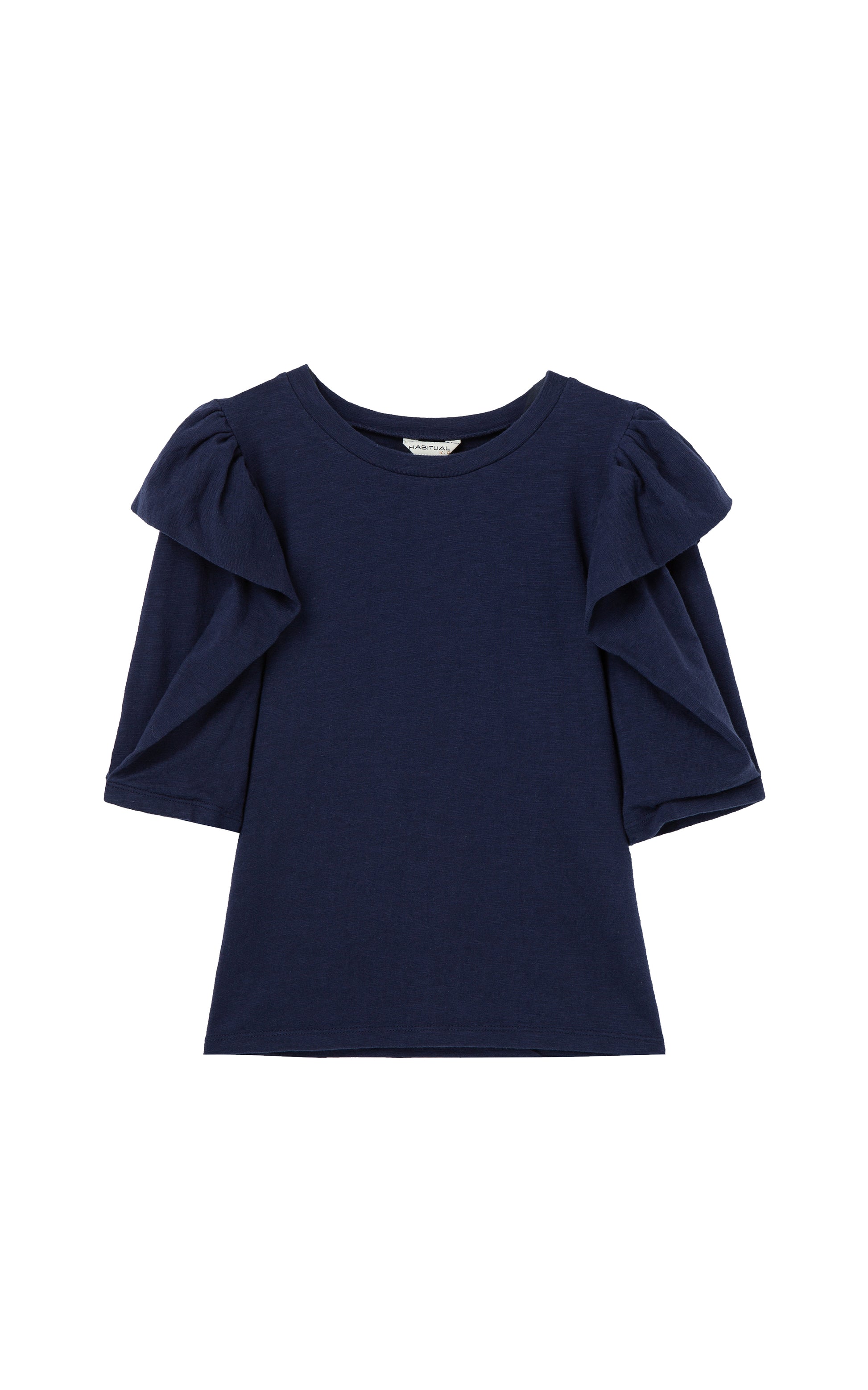 Front View Navy blue Top with Large sleeve ruffle 