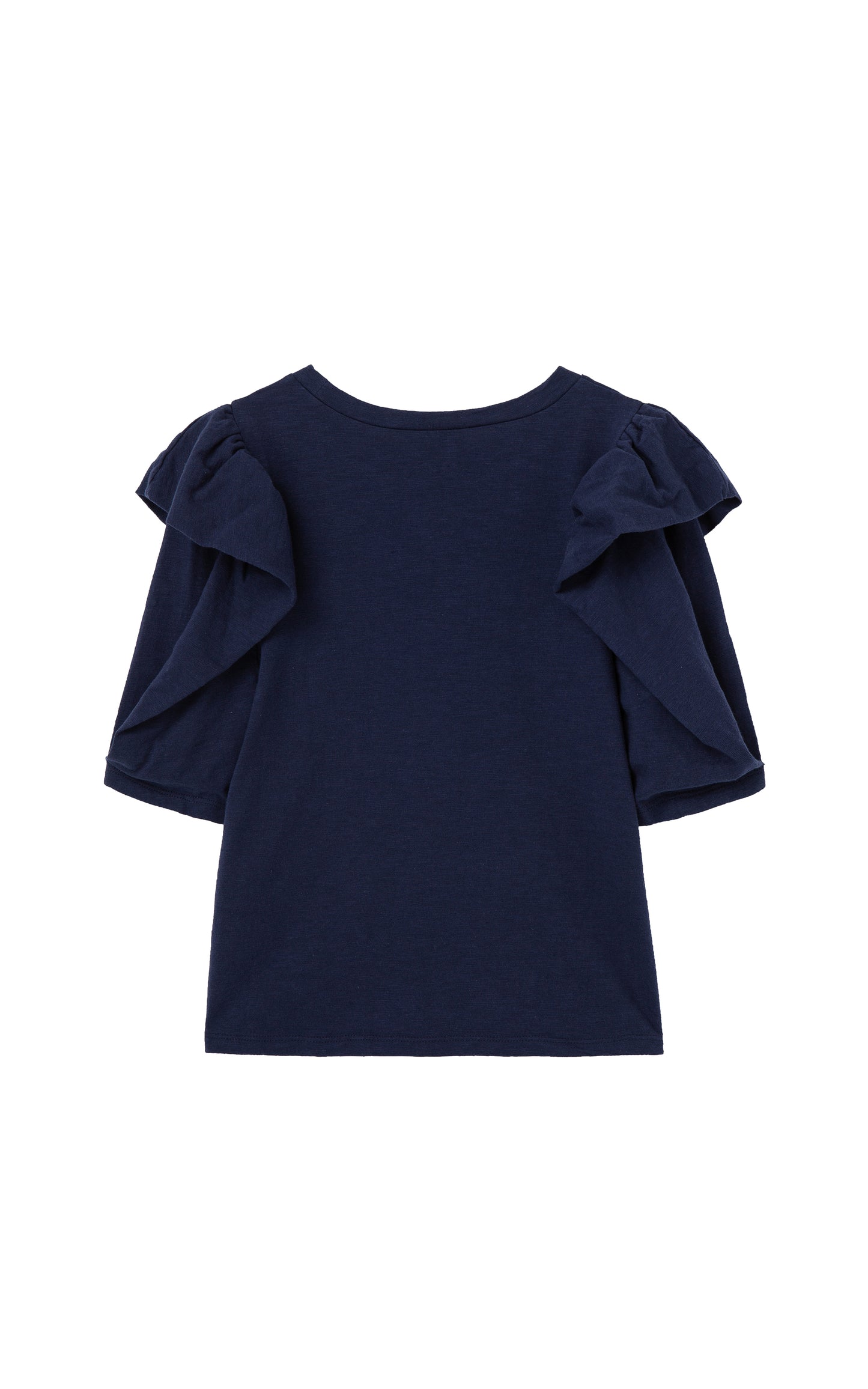 Back View Navy blue Top with Large sleeve ruffle 