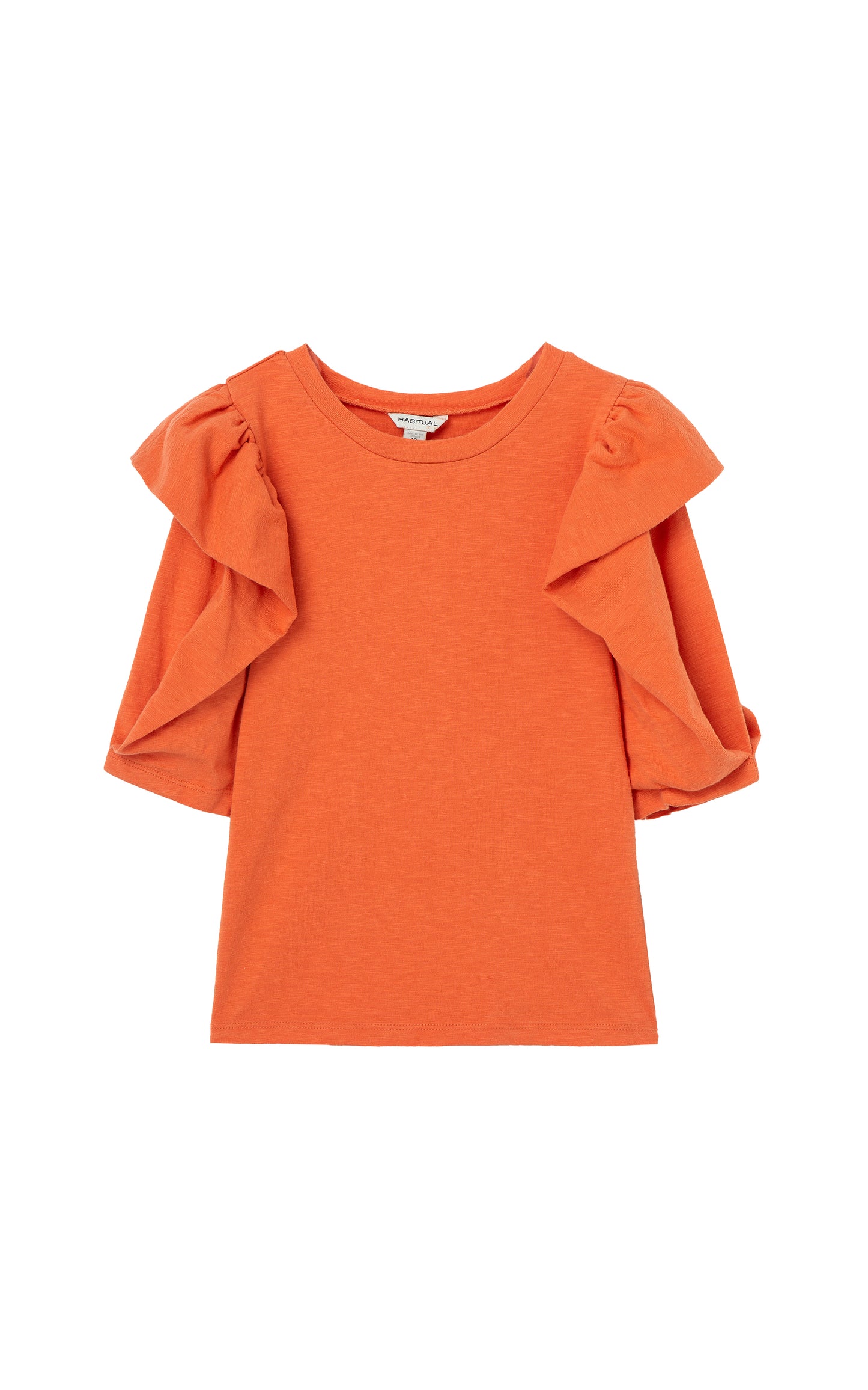 Front View Orange  Top with Large sleeve ruffle 