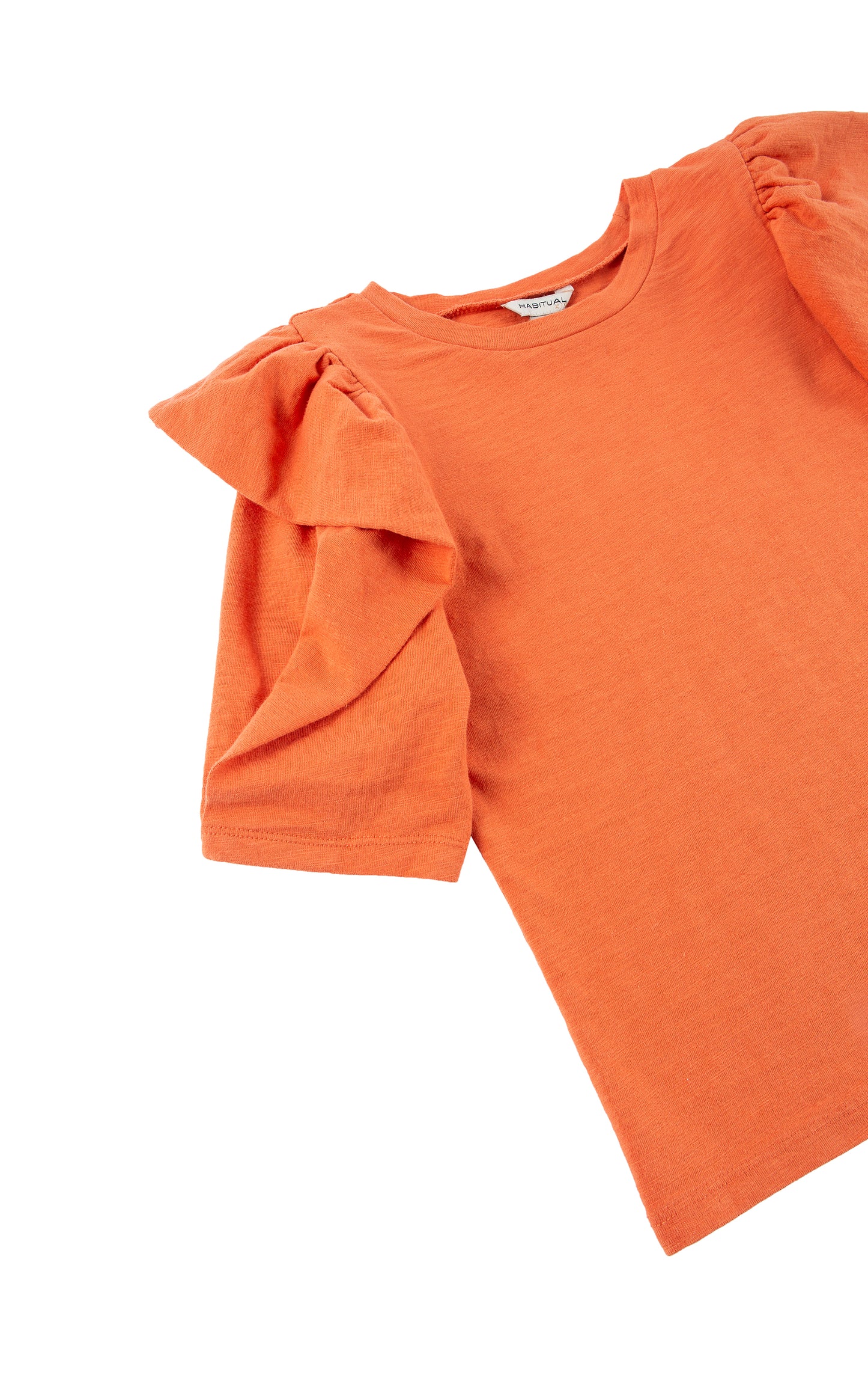 Sleeve View Orange Top with Large sleeve ruffle 