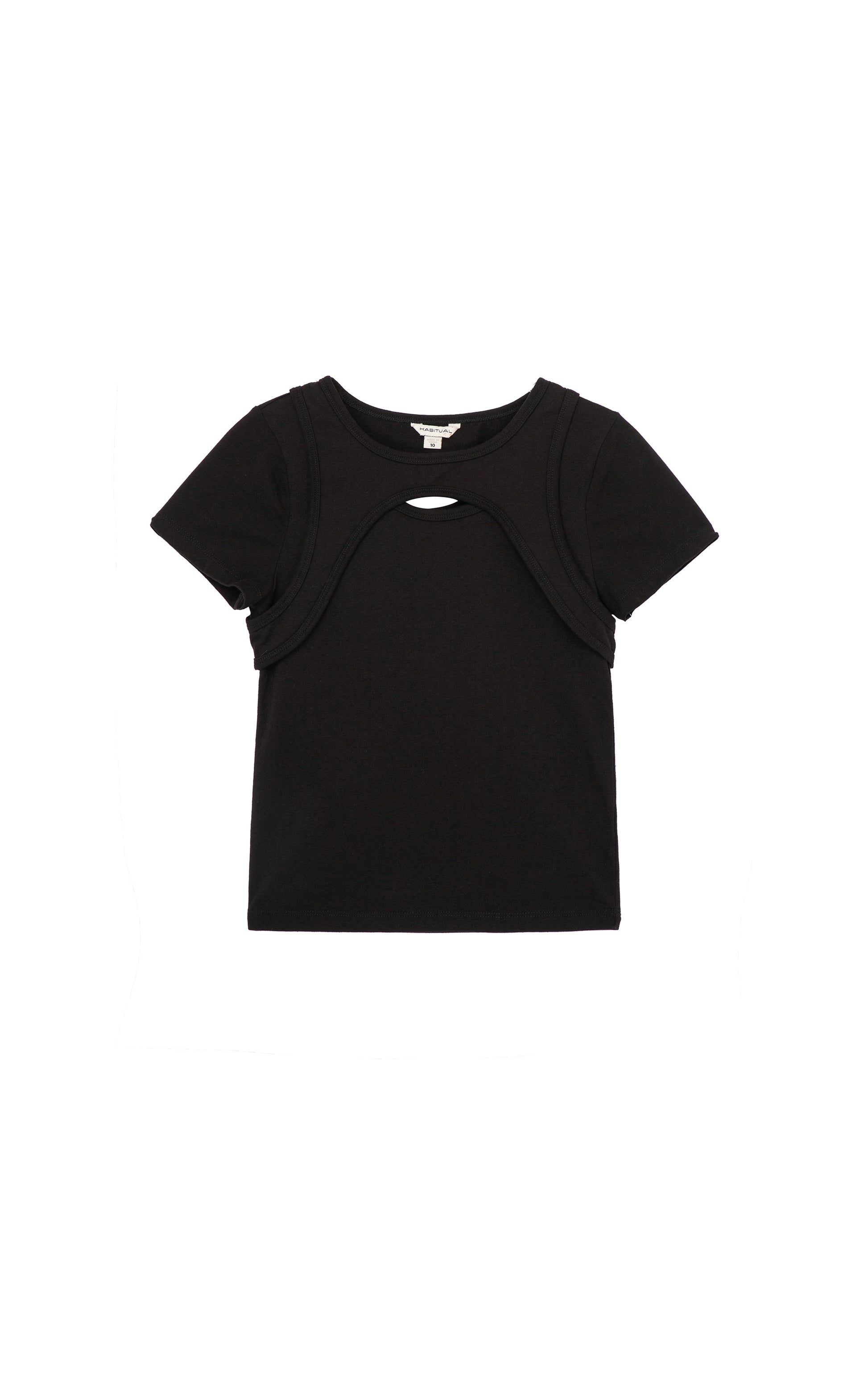 BLACK SHORT SLEEVE TOP WITH A SMALL KEYHOLE CUT-OUT AT THE UPPER BODICE