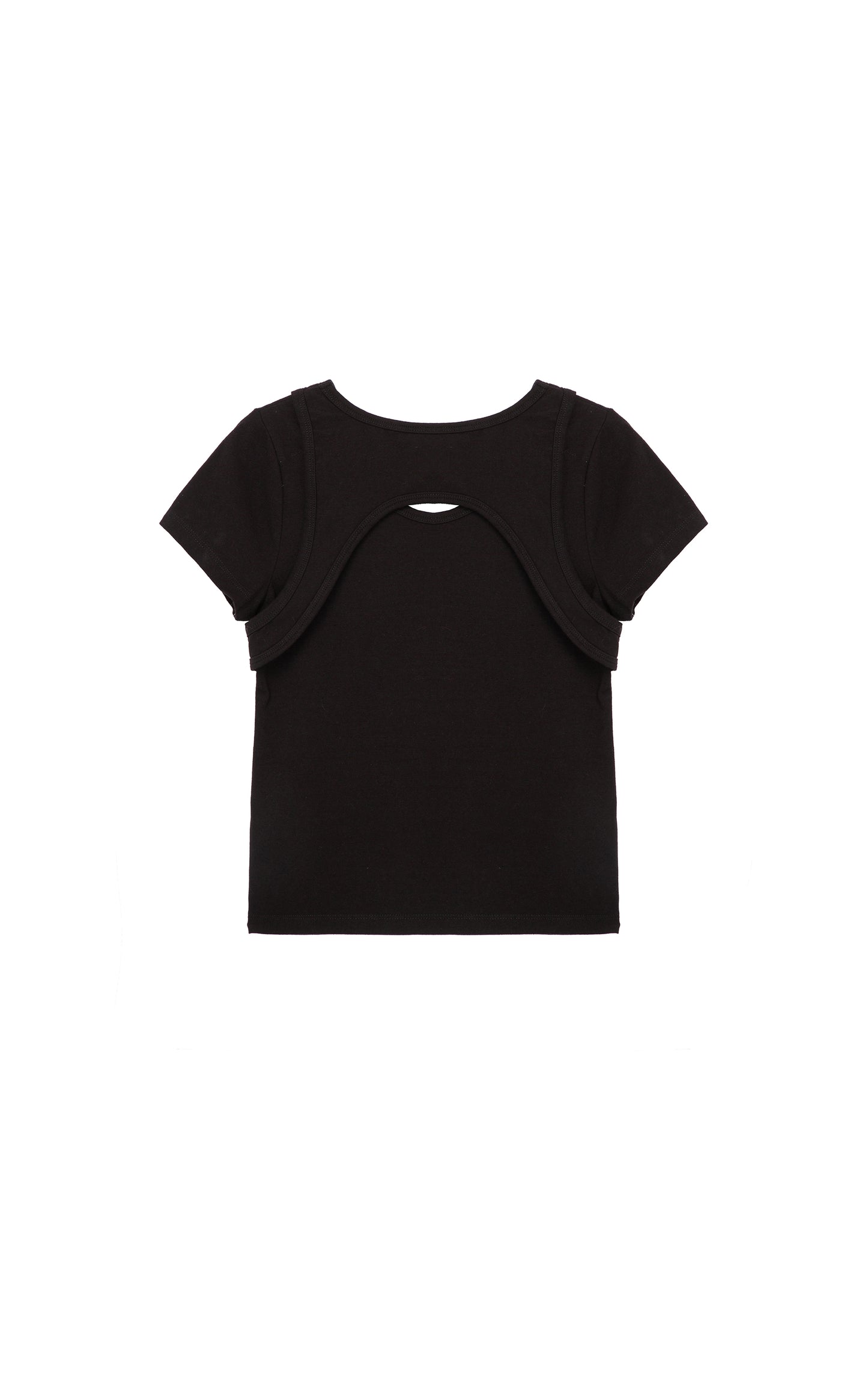 BACK OF BLACK SHORT SLEEVE TOP WITH A SMALL KEYHOLE CUT-OUT AT THE UPPER BODICE