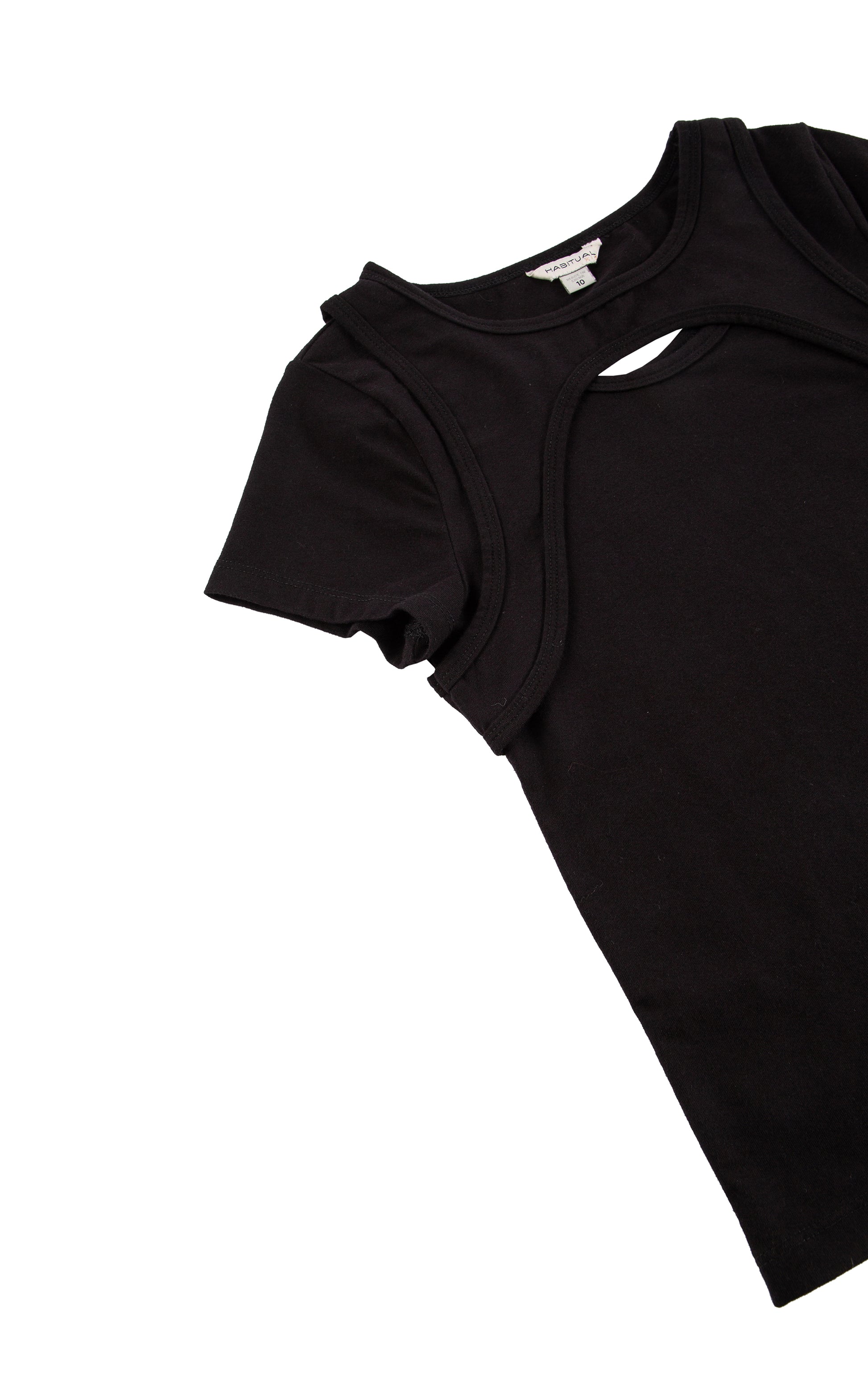 CLOSE UP OF BLACK SHORT SLEEVE TOP WITH A SMALL KEYHOLE CUT-OUT AT THE UPPER BODICE