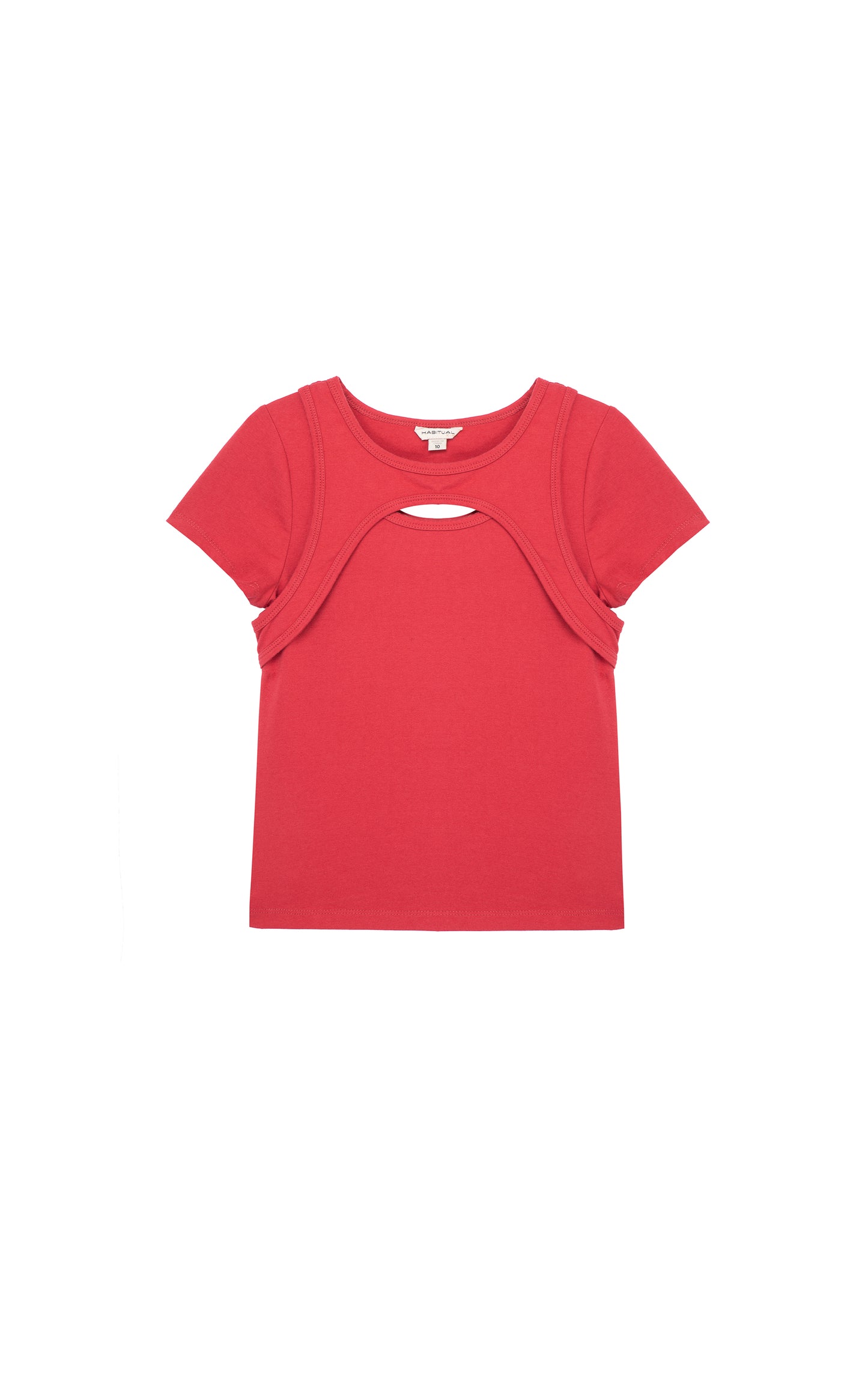 DARK RED SHORT SLEEVE TOP WITH A SMALL KEYHOLE CUT-OUT AT THE UPPER BODICE