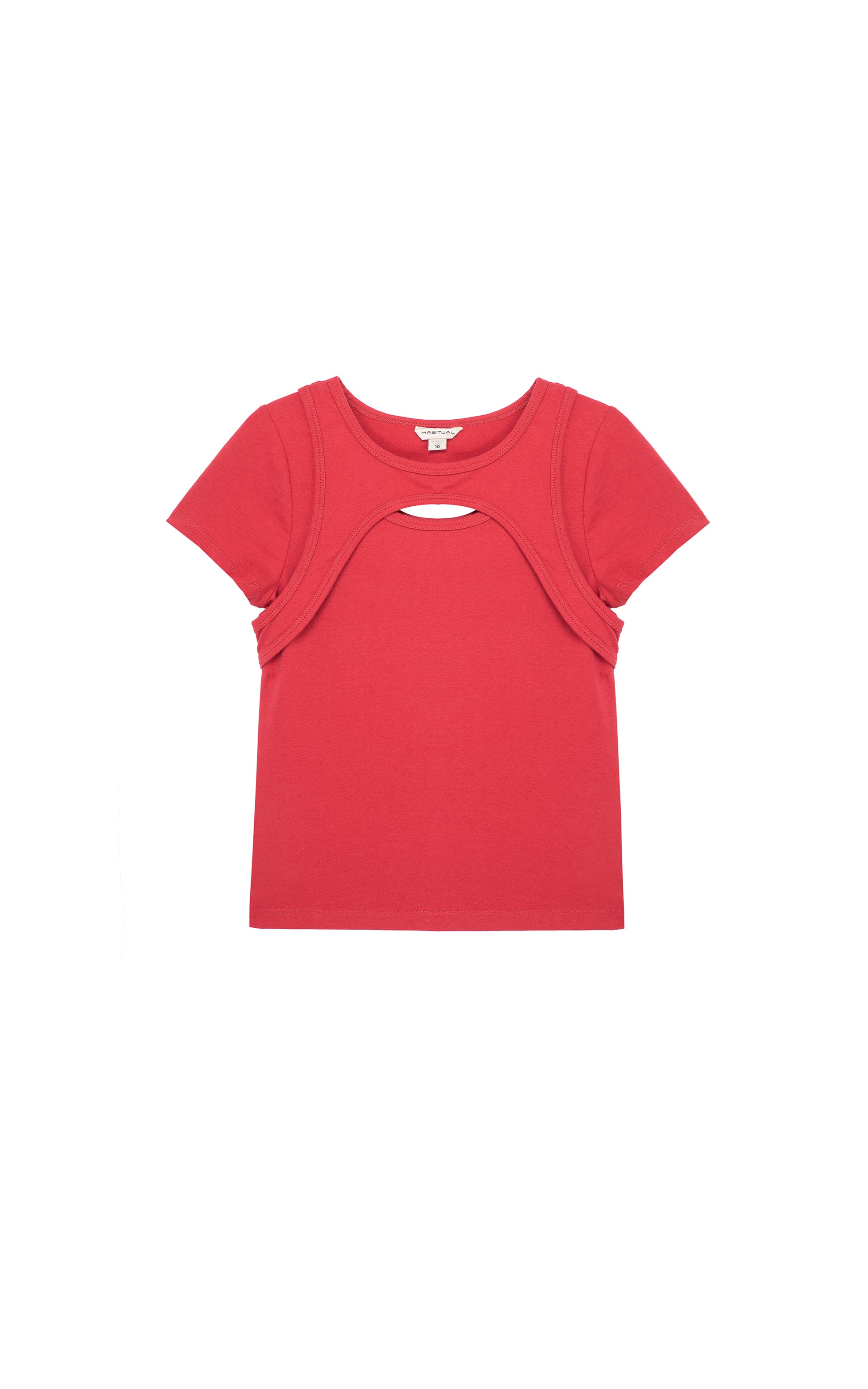 DARK RED SHORT SLEEVE TOP WITH A SMALL KEYHOLE CUT-OUT AT THE UPPER BODICE