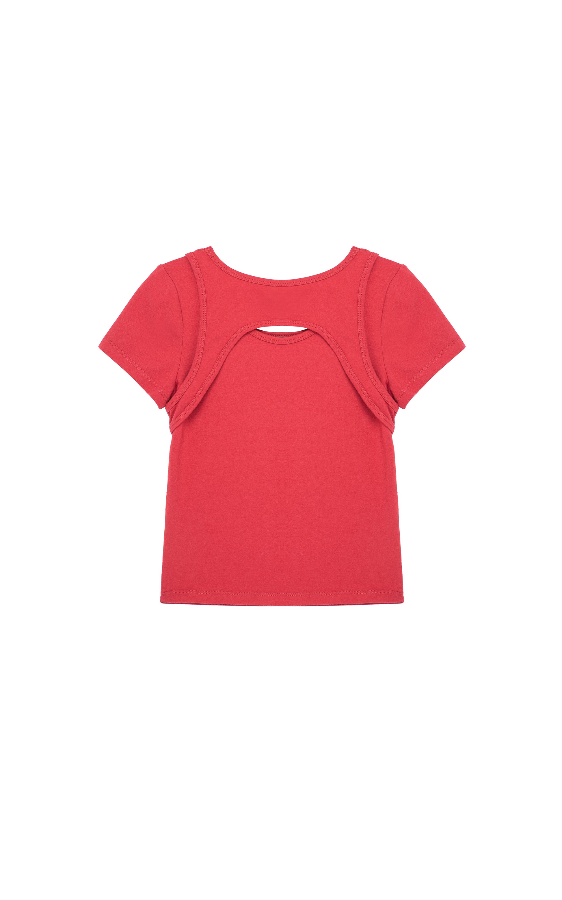 BACK VIEW OF DARK RED SHORT SLEEVE TOP WITH A SMALL KEYHOLE CUT-OUT AT THE UPPER BODICE
