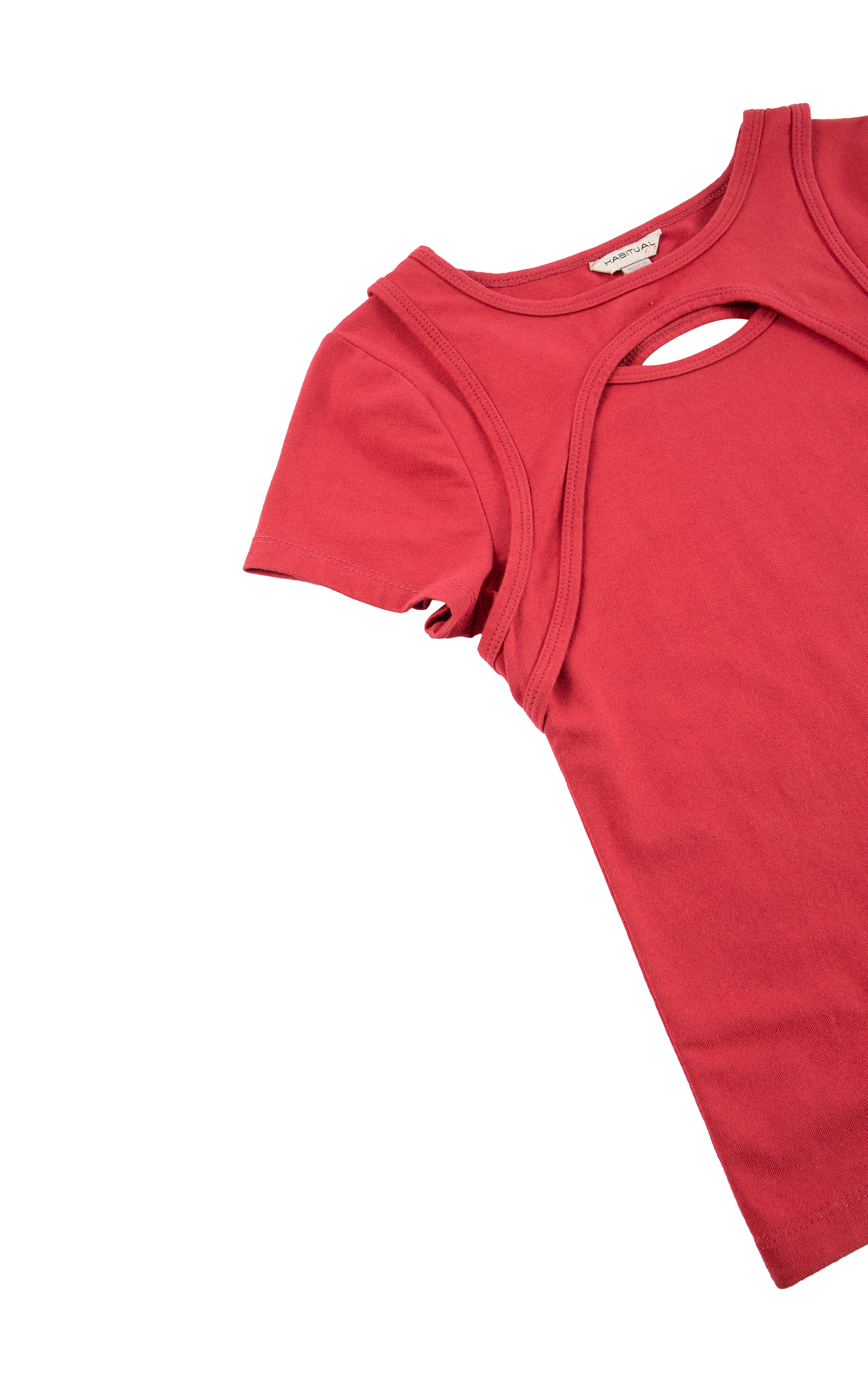 CLOSE UP OF DARK RED SHORT SLEEVE TOP WITH A SMALL KEYHOLE CUT-OUT AT THE UPPER BODICE