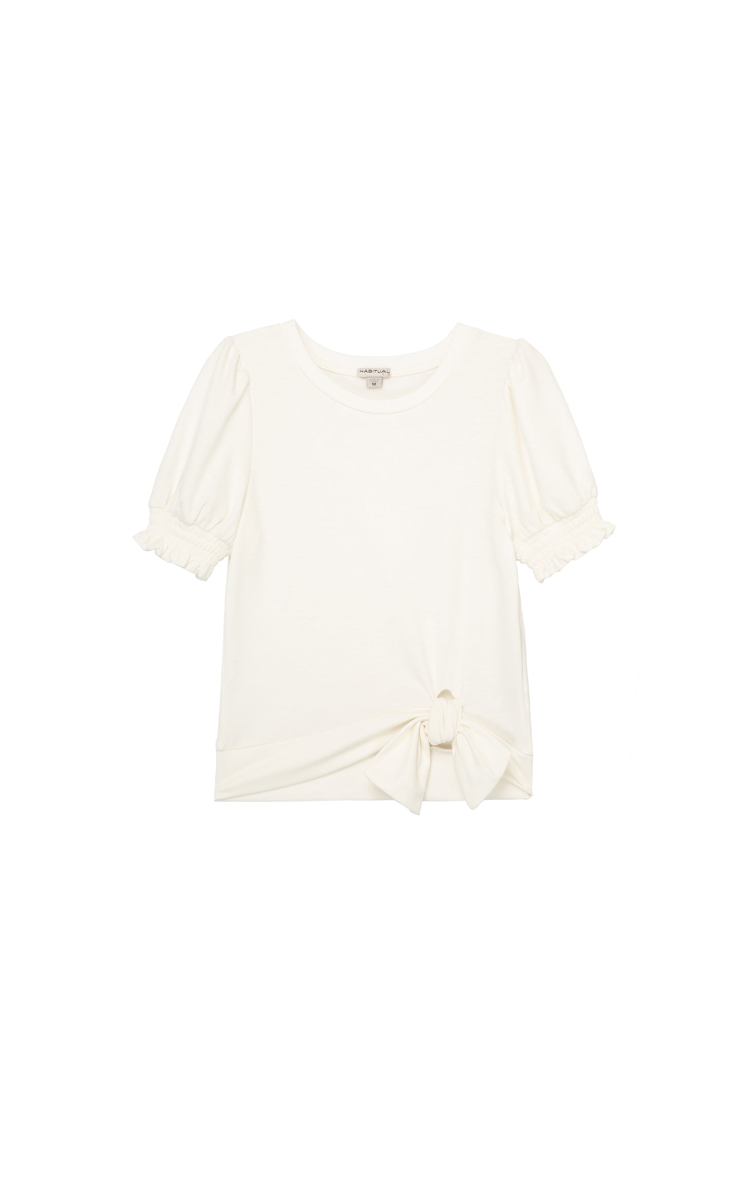 WHITE SHORT SLEEVE KNIT TOP WITH PUFFY AND SMOCKED SLEEVES AND A SIDE TIE WITH A BOW
