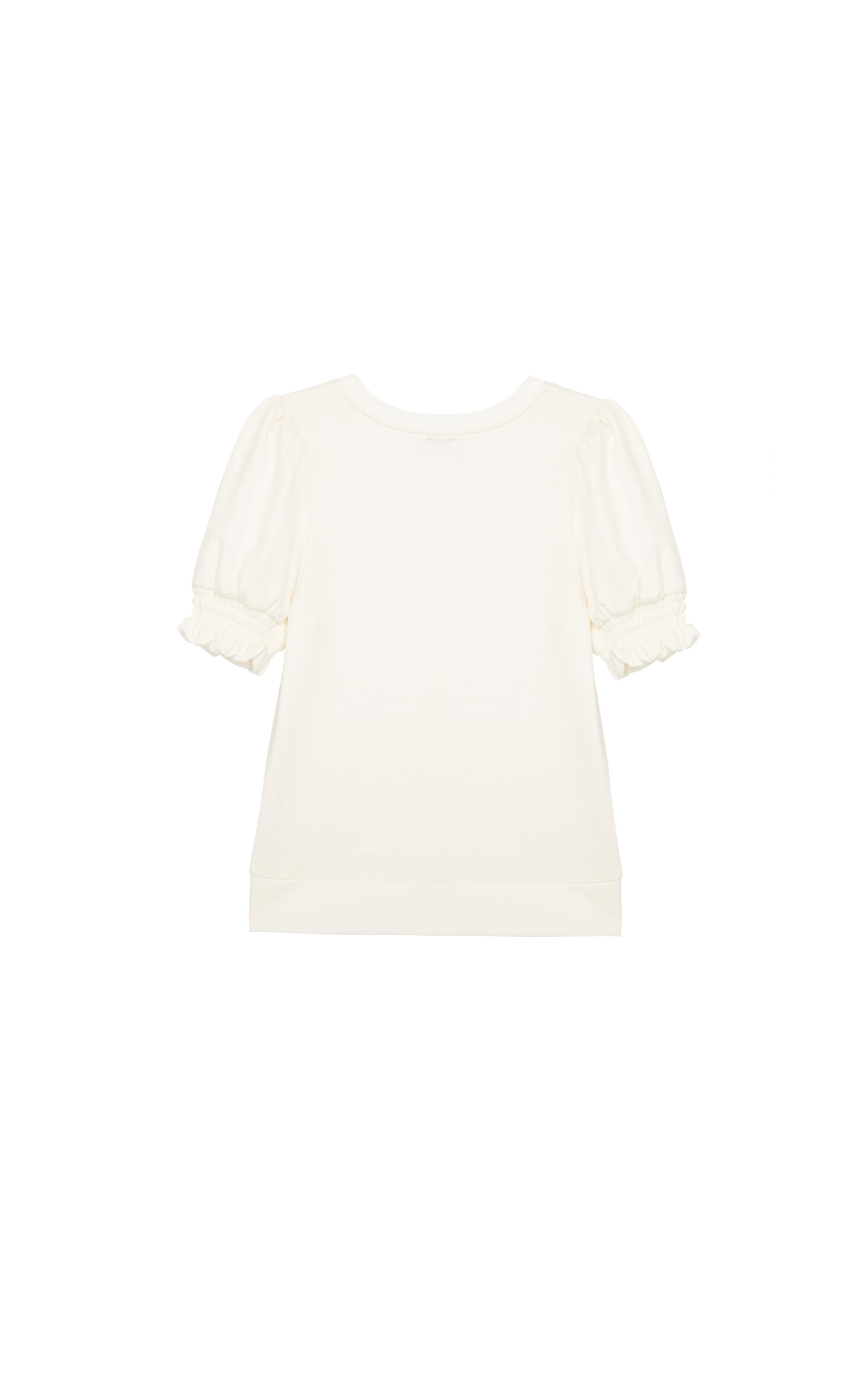 BACK OF WHITE SHORT SLEEVE KNIT TOP WITH PUFFY AND SMOCKED SLEEVES
