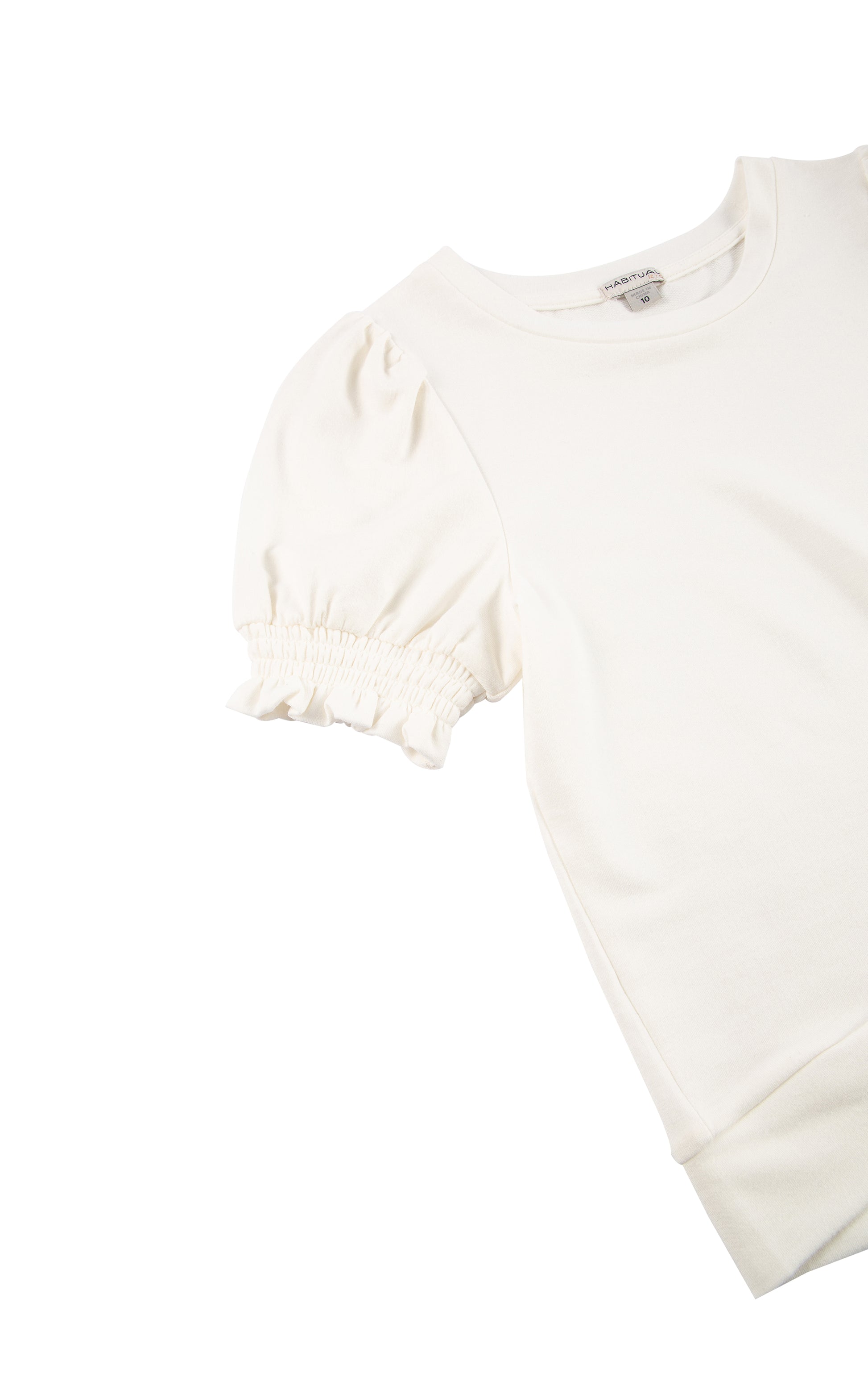 CLOSE UP OF WHITE SHORT SLEEVE KNIT TOP WITH PUFFY AND SMOCKED SLEEVES