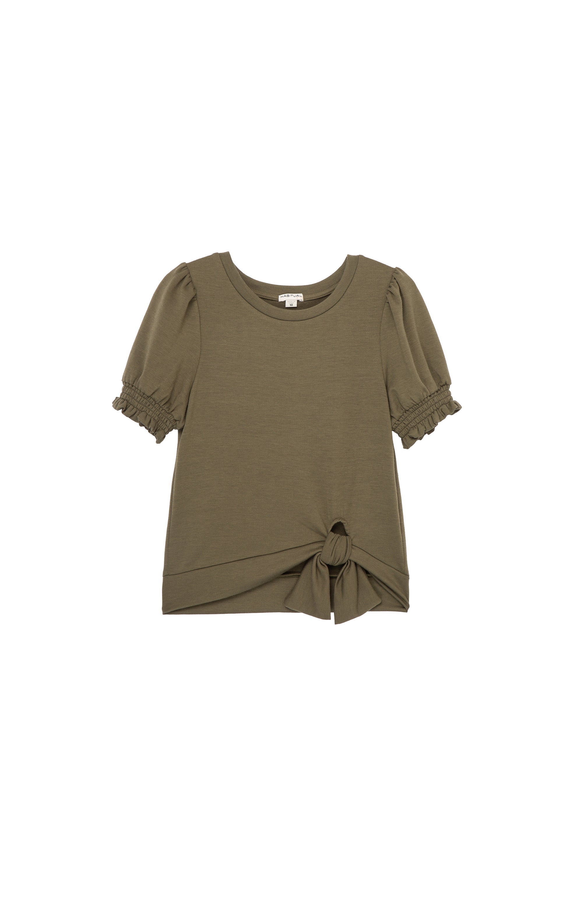 BROWN SHORT SLEEVE KNIT TOP WITH PUFFY AND SMOCKED SLEEVES AND A SIDE TIE WITH A BOW