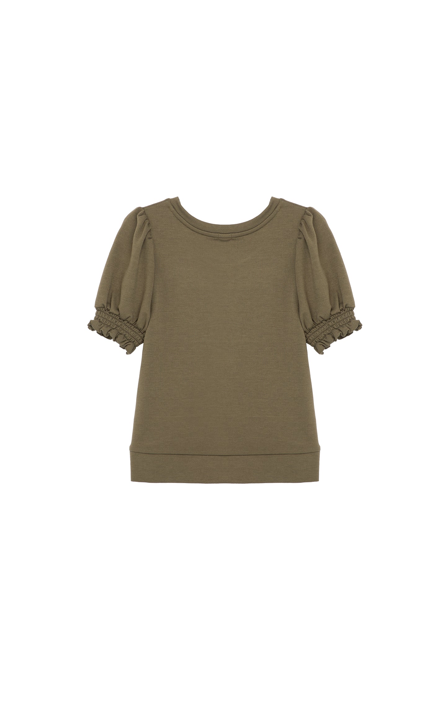 BACK OF BROWN SHORT SLEEVE KNIT TOP WITH PUFFY AND SMOCKED SLEEVES