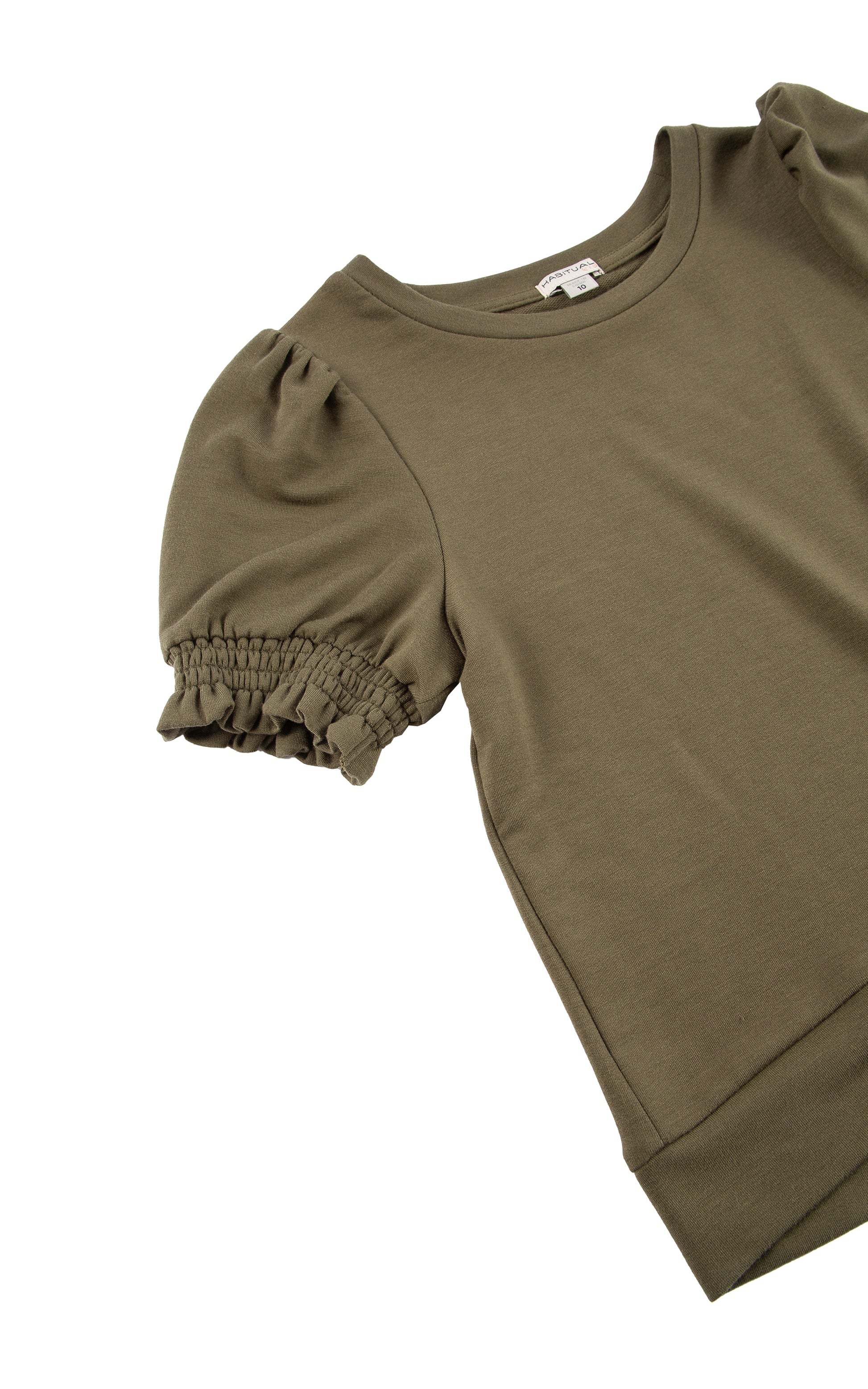 CLOSE UP OF BROWN SHORT SLEEVE KNIT TOP WITH PUFFY AND SMOCKED SLEEVES
