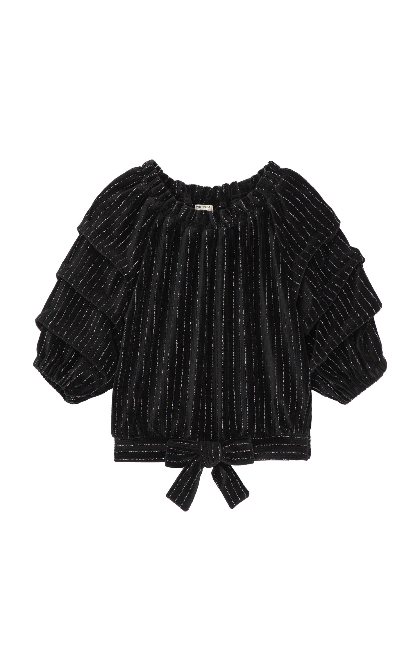 Front view of black velour gathered sleeves top with metallic stripes