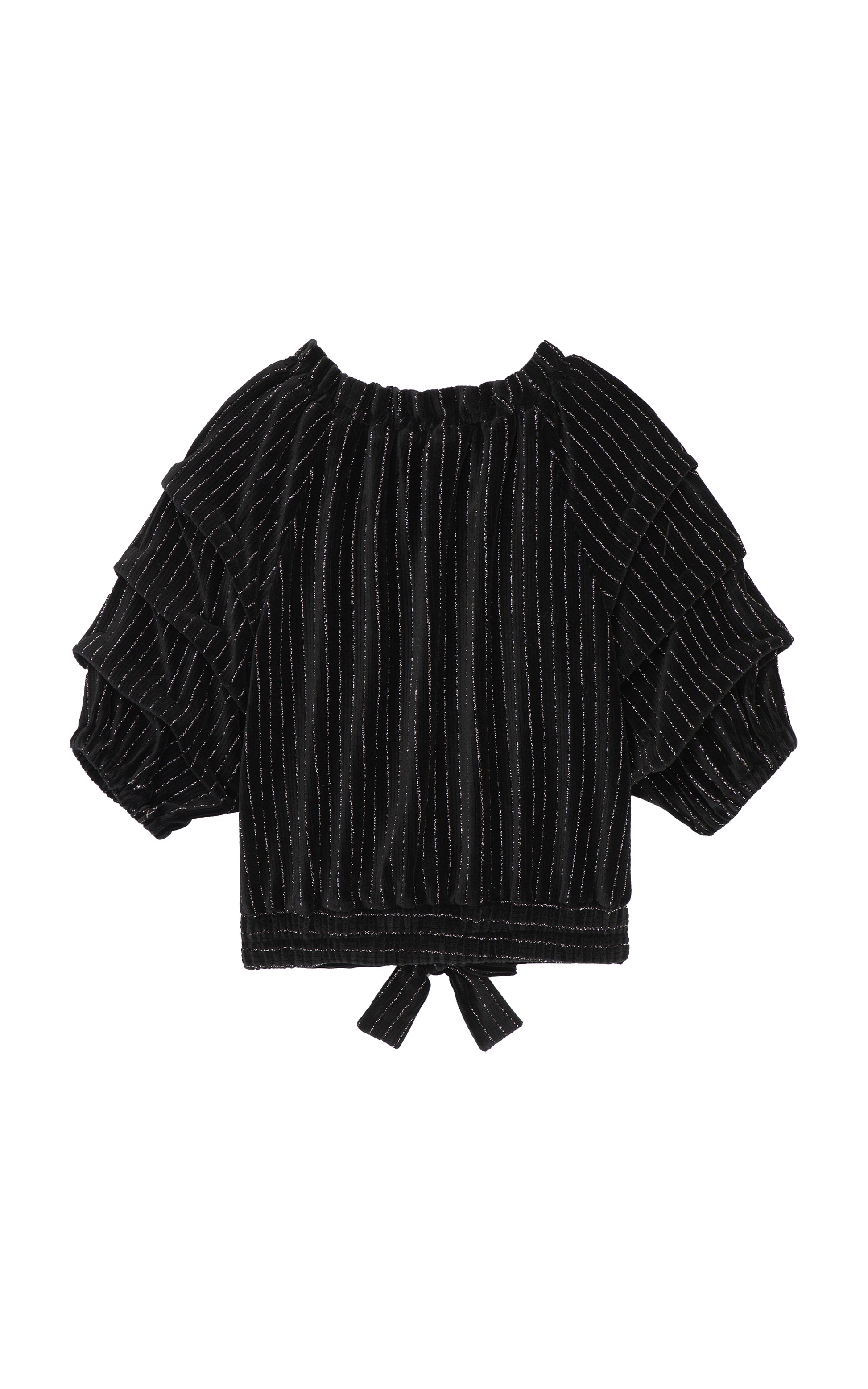Back view of black velour gathered sleeves top with metallic stripes