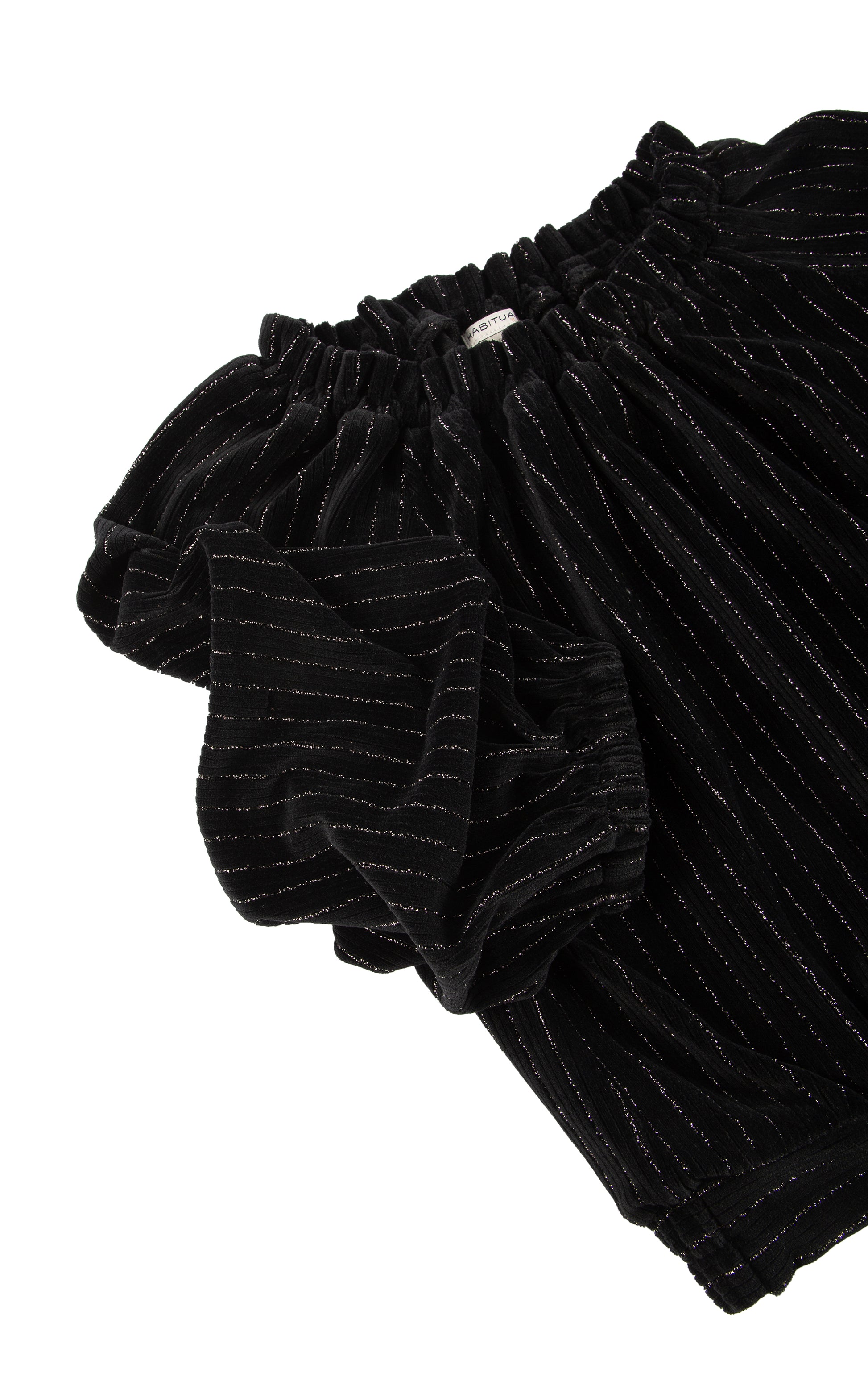 Detail view of black velour gathered sleeves top with metallic stripes