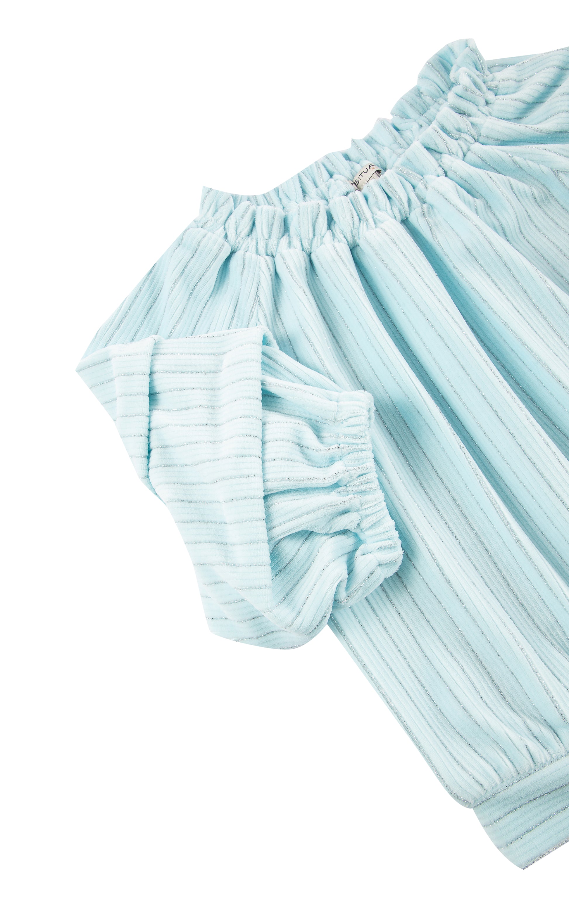 Detail view of blue velour gathered sleeves top with metallic stripes