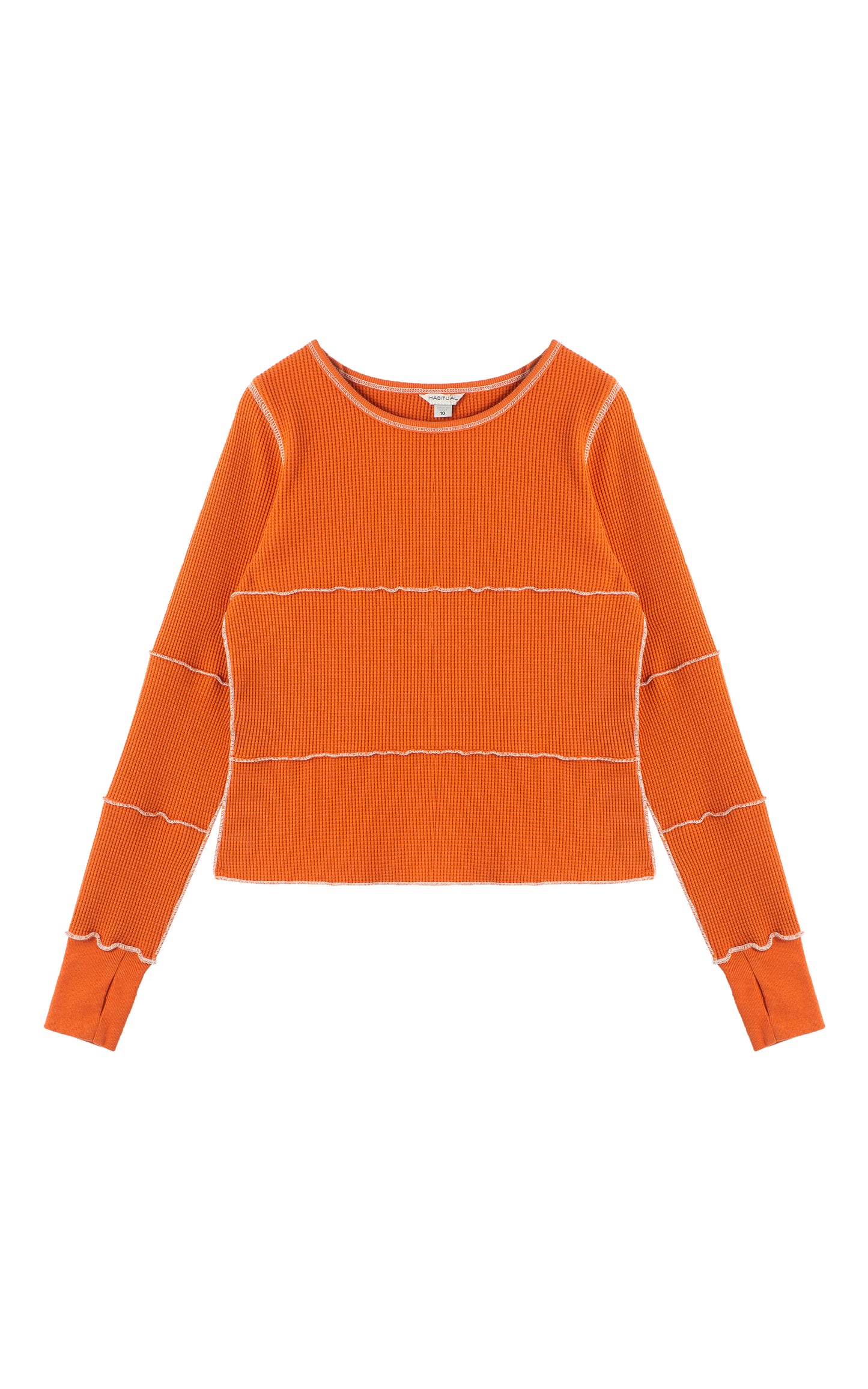 Front view of orange long sleeve with white stitching 