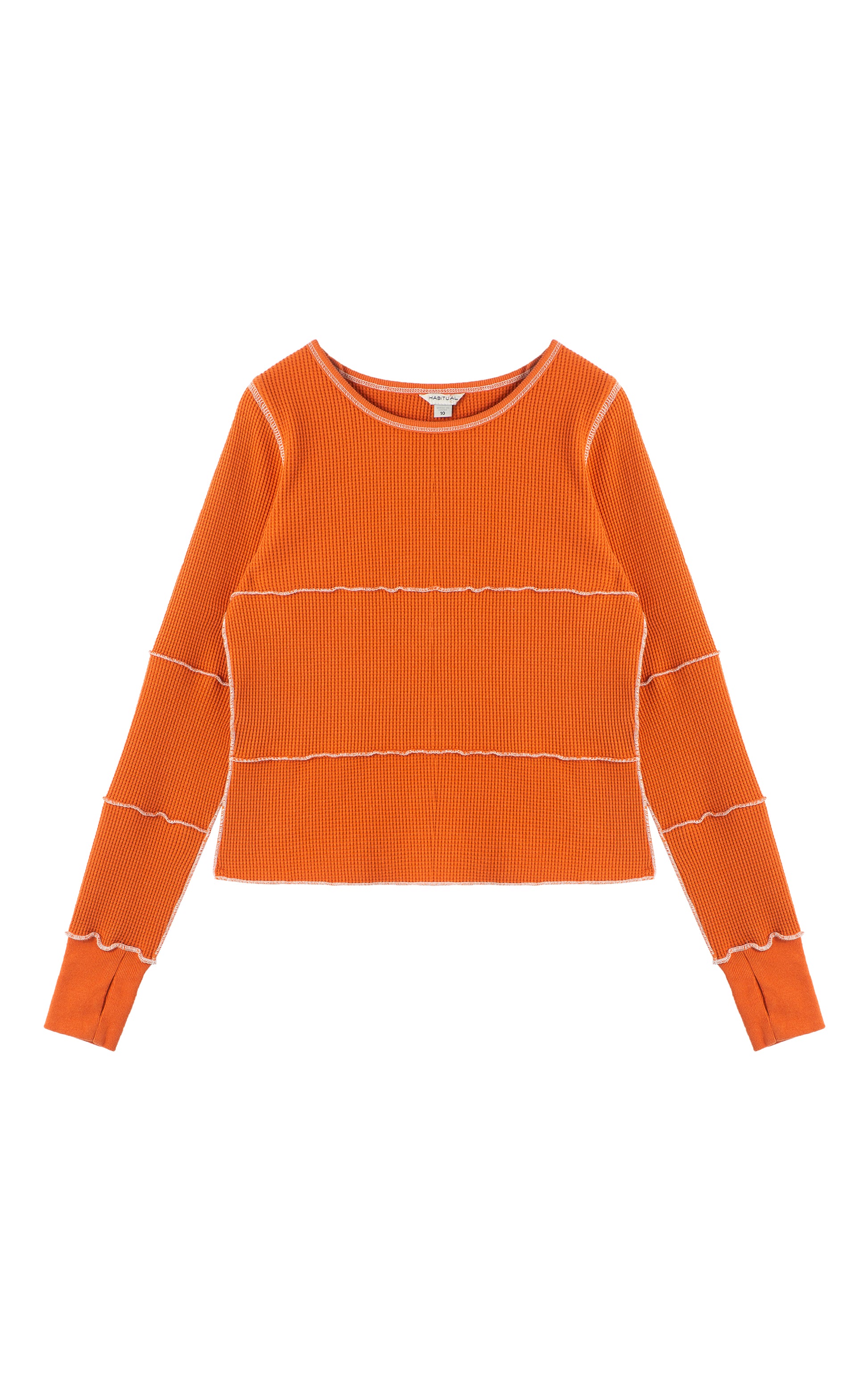 Front view of orange long sleeve with white stitching 