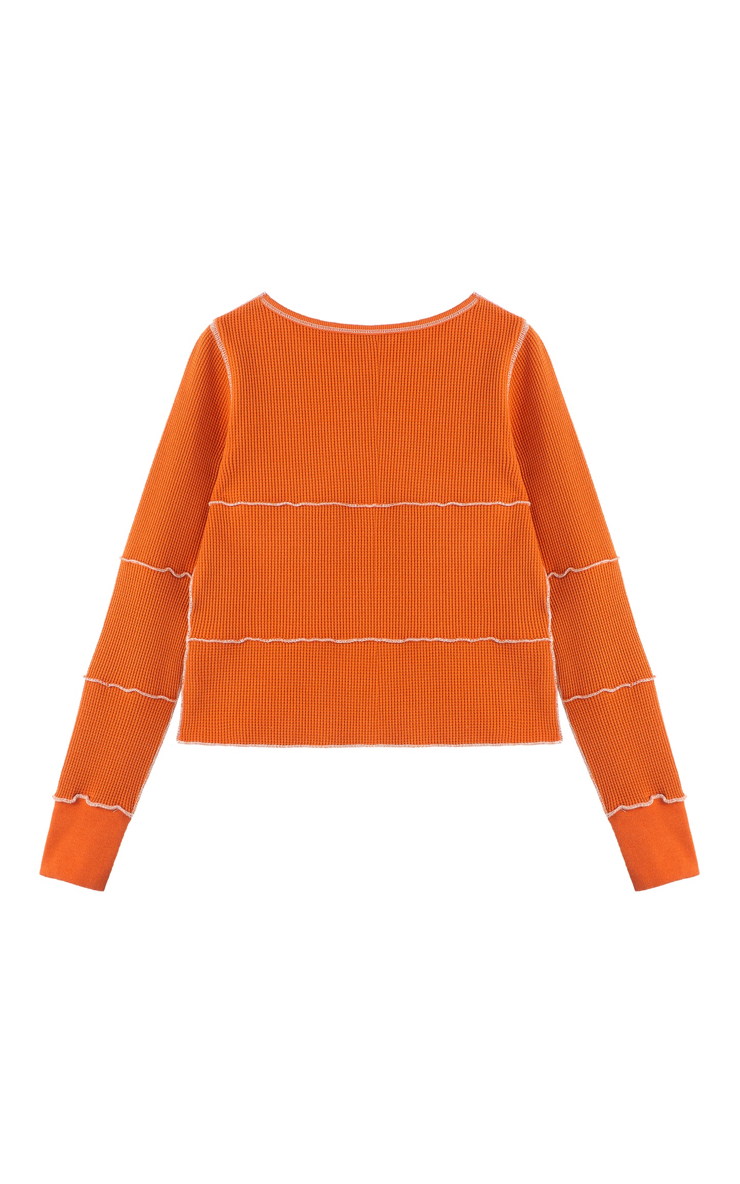 Back view of orange long sleeve with white stitching 
