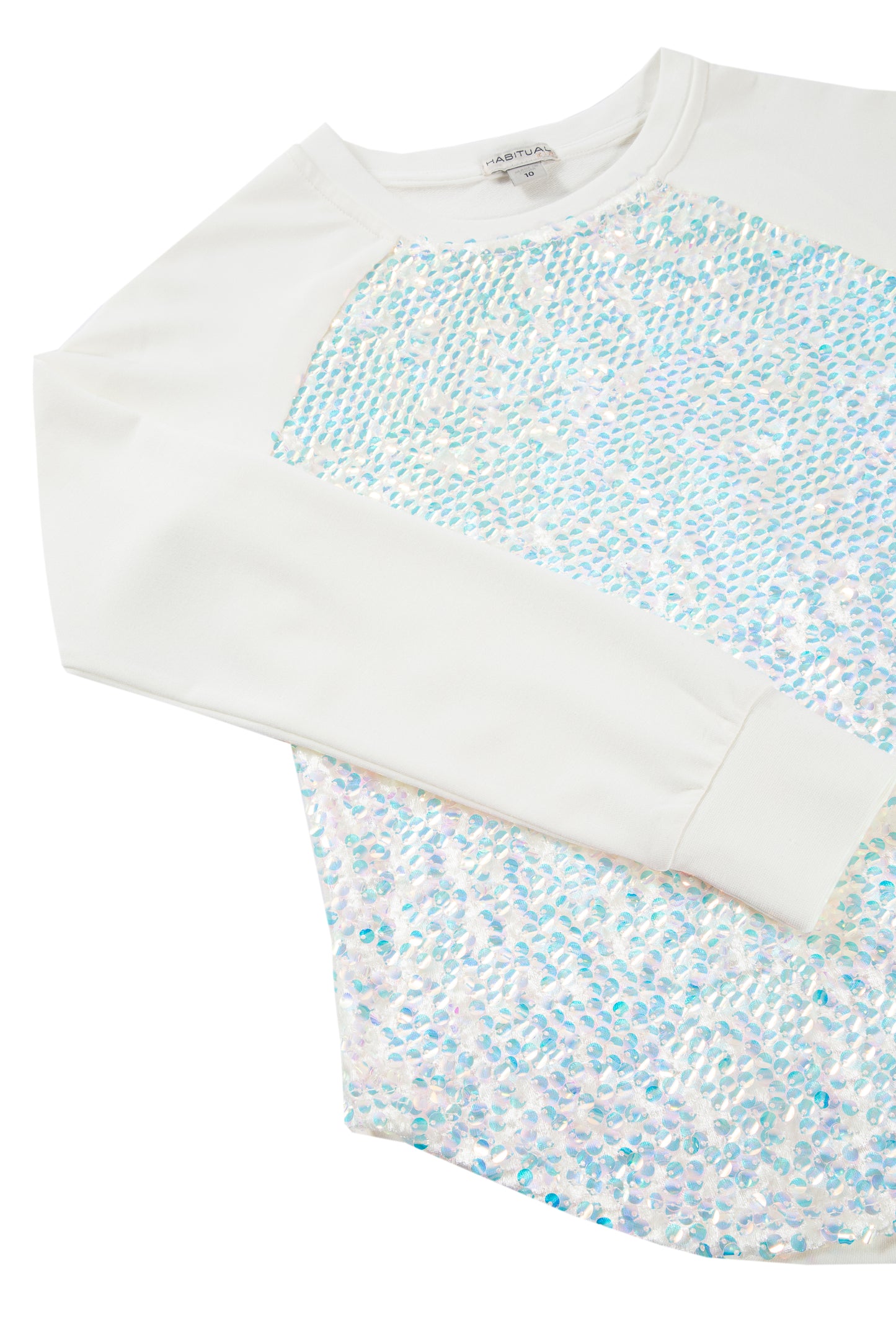 WHITE LONG-SLEEVE TOP WITH IRIDESCENT BLUE SEQUINS