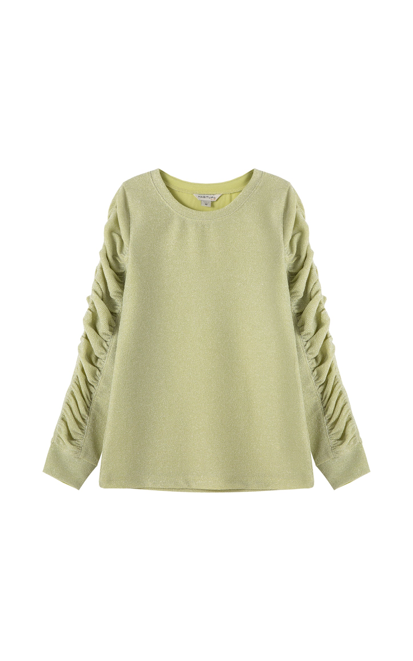 Front view of light green crewneck top with Metallic accents and gathered, long sleeves.
