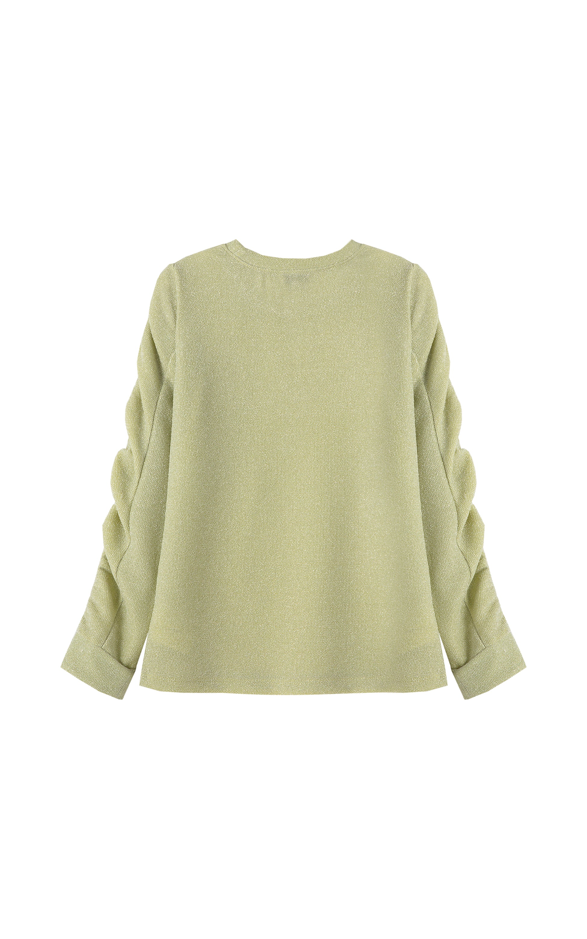 Back view of light green crewneck top with metallic accents and gathered, long sleeves.