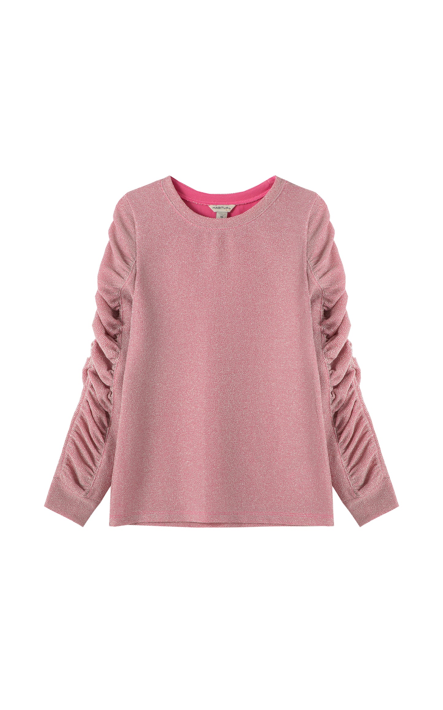 Front view of light pink crewneck top with Metallic accents and gathered, long sleeves.