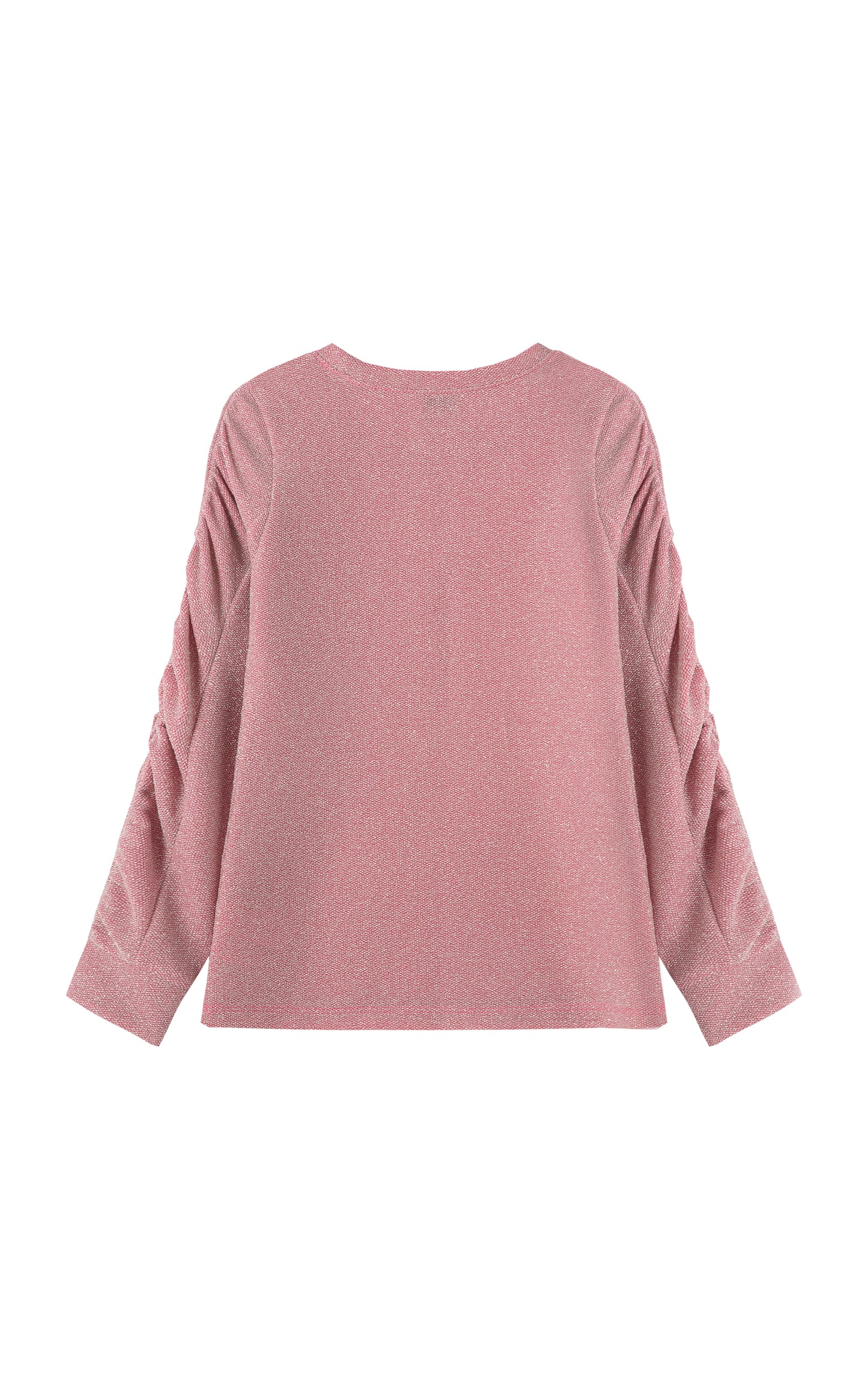 Back view of light pink crewneck top with metallic accents and gathered, long sleeves.