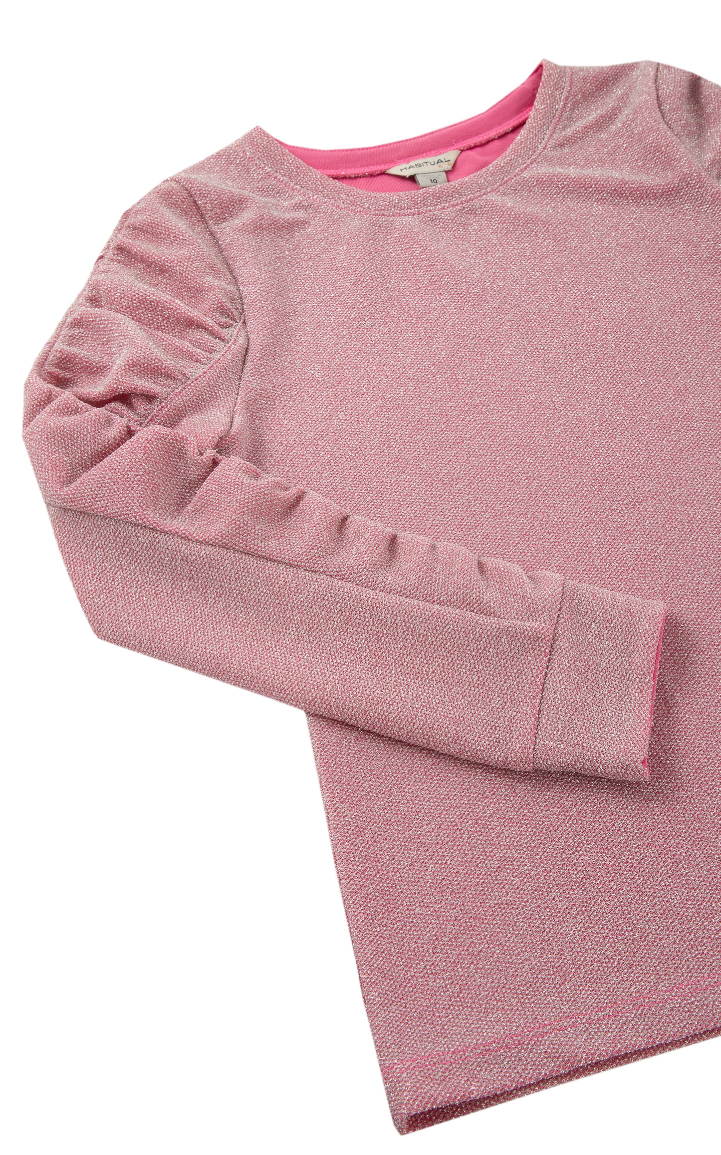 Close up of gathered, long sleeve of light pink crewneck top with metallic accents.