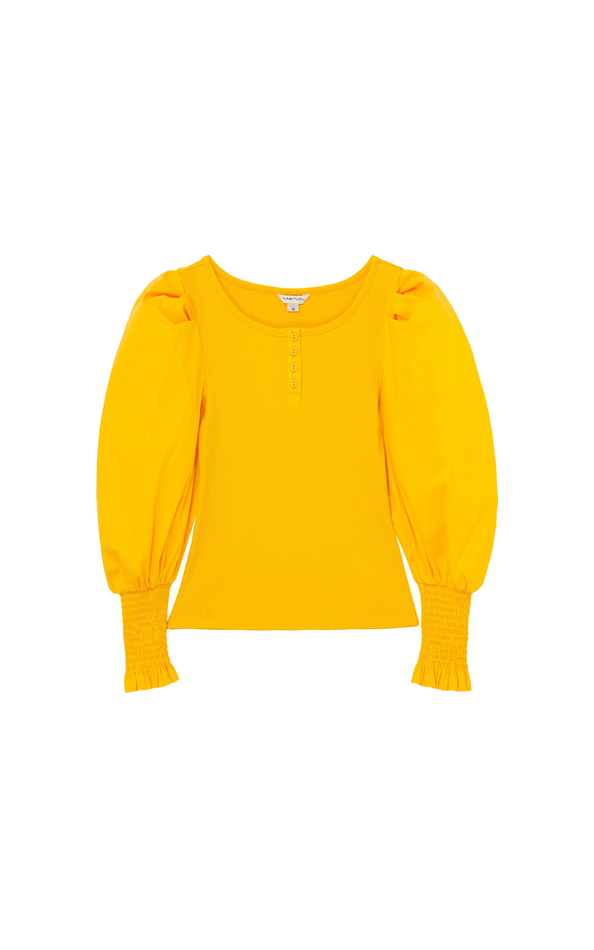YELLOW  LONG-SLEEVE TOP WITH FOUR BUTTONS AT THE COLLAR, PUFFY SLEEVES, AND SMOCKED CUFFS