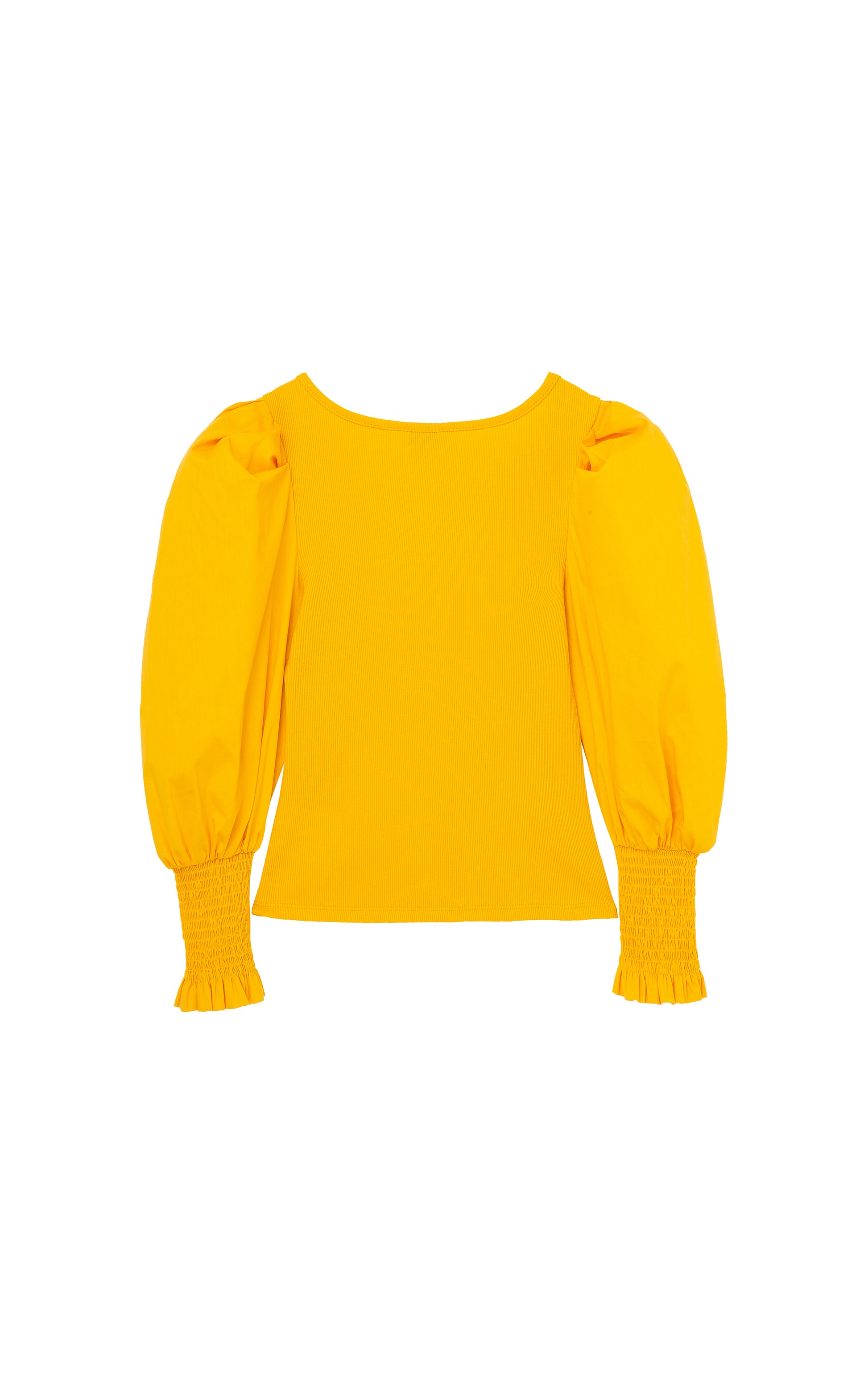 BACK OF YELLOW  LONG-SLEEVE TOP WITH FOUR BUTTONS AT THE COLLAR, PUFFY SLEEVES, AND SMOCKED CUFFS