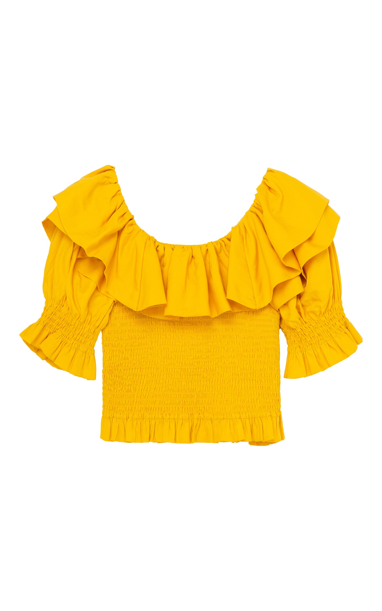 YELLOW THREE-QUARTER-LENGTH SLEEVE TOP WITH A WIDE RUFFLED NECKLINE AND A SMOCKED BODICE