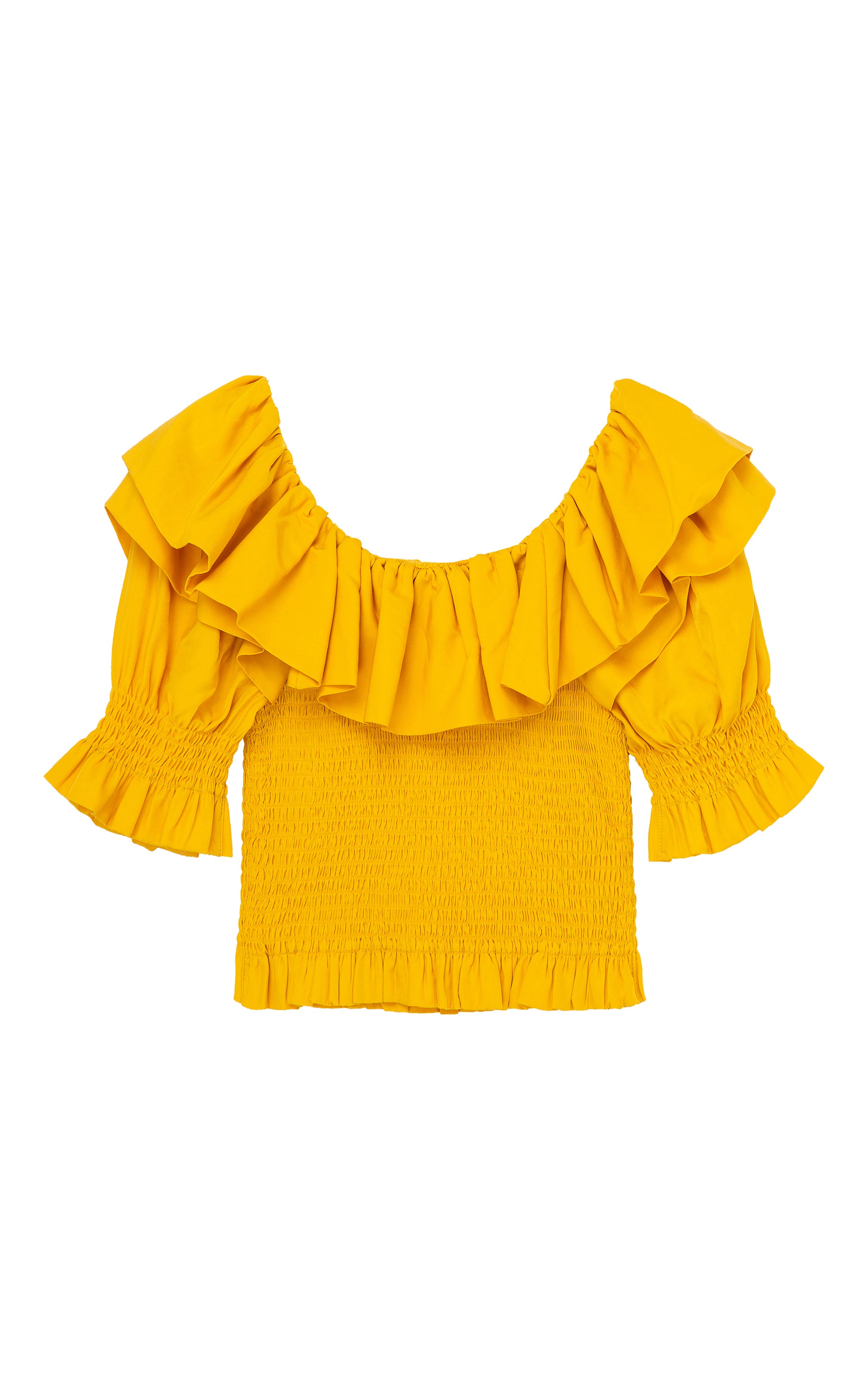 BACK OF YELLOW THREE-QUARTER-LENGTH SLEEVE TOP WITH A WIDE RUFFLED NECKLINE AND A SMOCKED BODICE