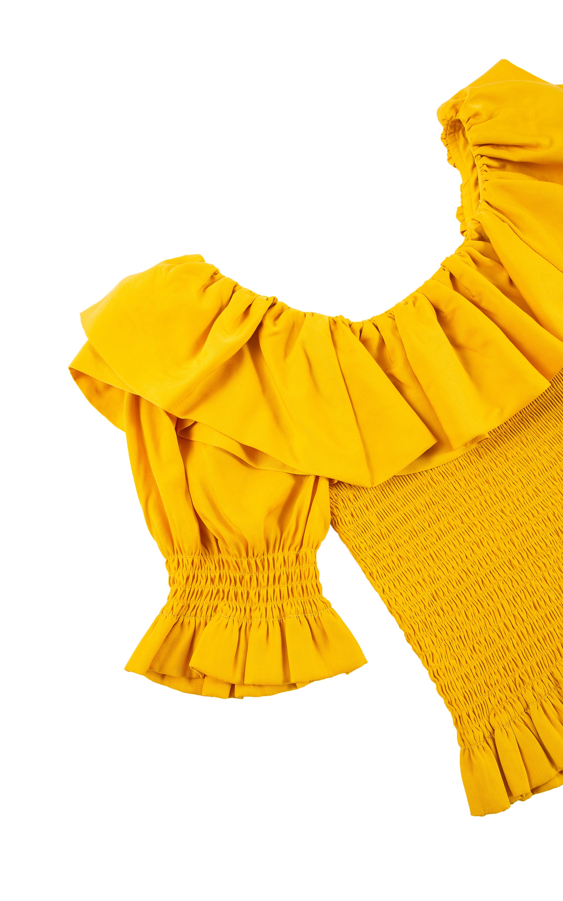 CLOSE UP OF YELLOW THREE-QUARTER-LENGTH SLEEVE TOP WITH A WIDE RUFFLED NECKLINE AND A SMOCKED BODICE