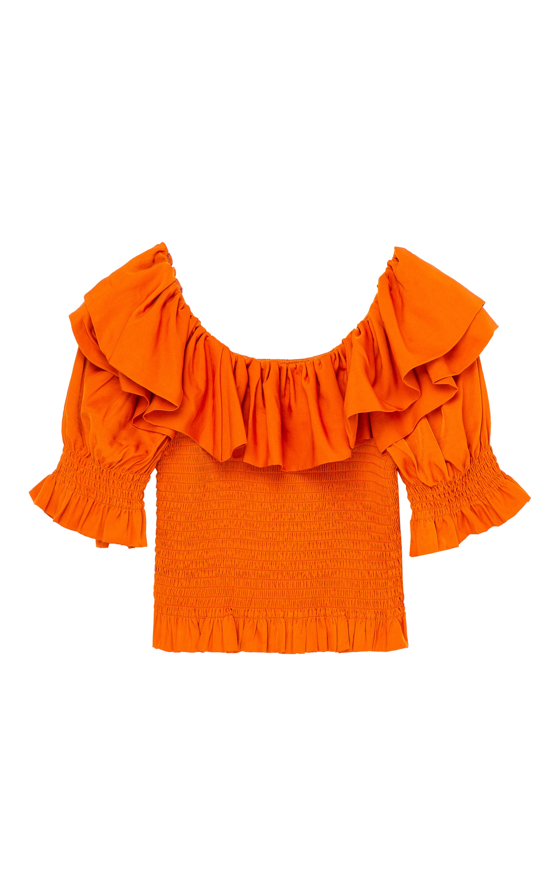 ORANGE-RED THREE-QUARTER-LENGTH SLEEVE TOP WITH A WIDE RUFFLED NECKLINE AND A SMOCKED BODICE