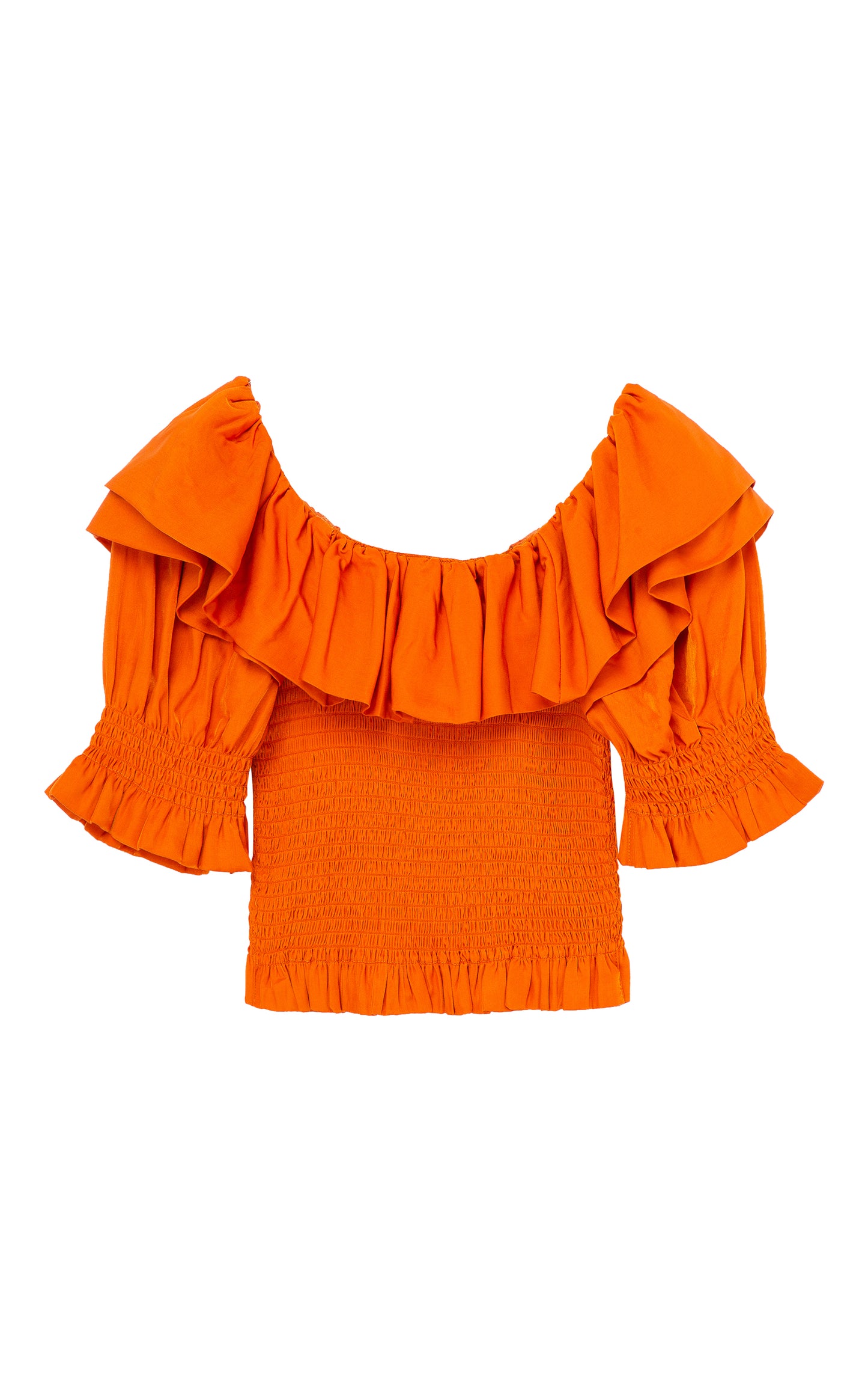 BACK OF ORANGE-RED THREE-QUARTER-LENGTH SLEEVE TOP WITH A WIDE RUFFLED NECKLINE AND A SMOCKED BODICE